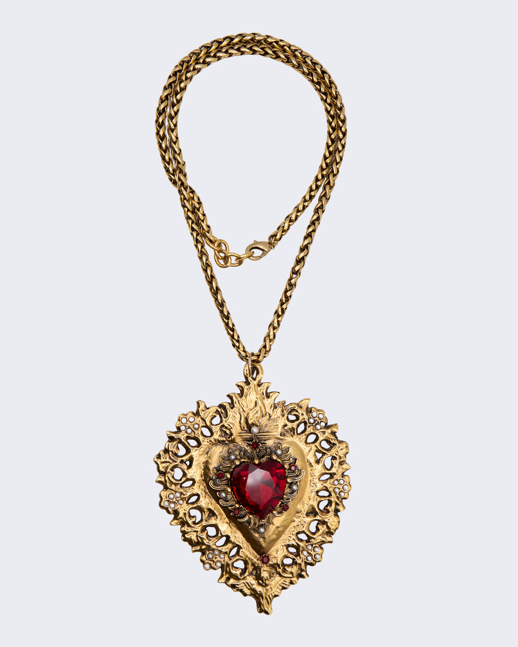 Collana Celeste G Made in Italy Cuore Sacro Barocco con Cristallo Rosso – Maxi Pendant Vintage