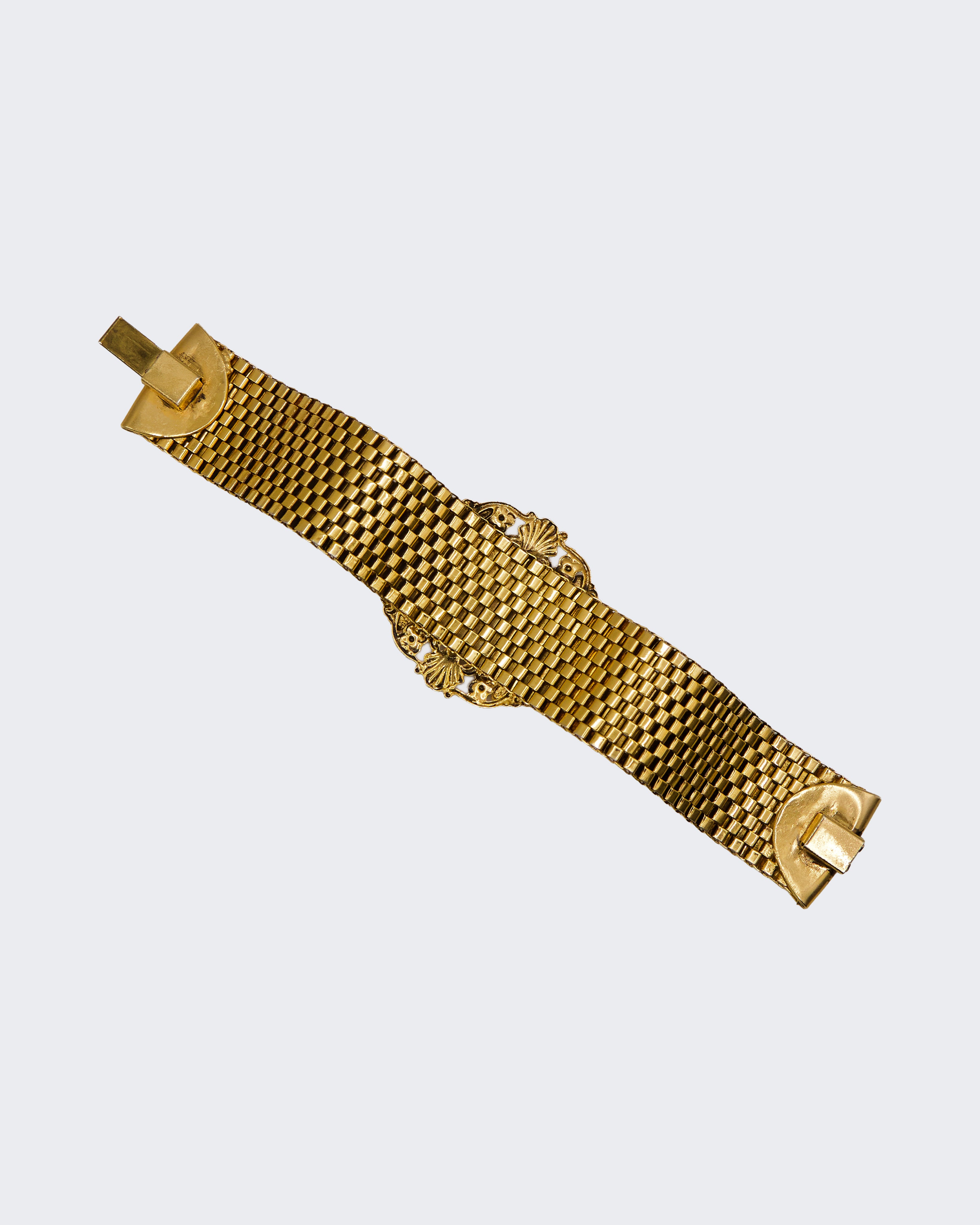 Bracciale Vintage Mesh Dorato con Pietra Rosa Ovale e Strass – Stile Vittoriano, 19 cm