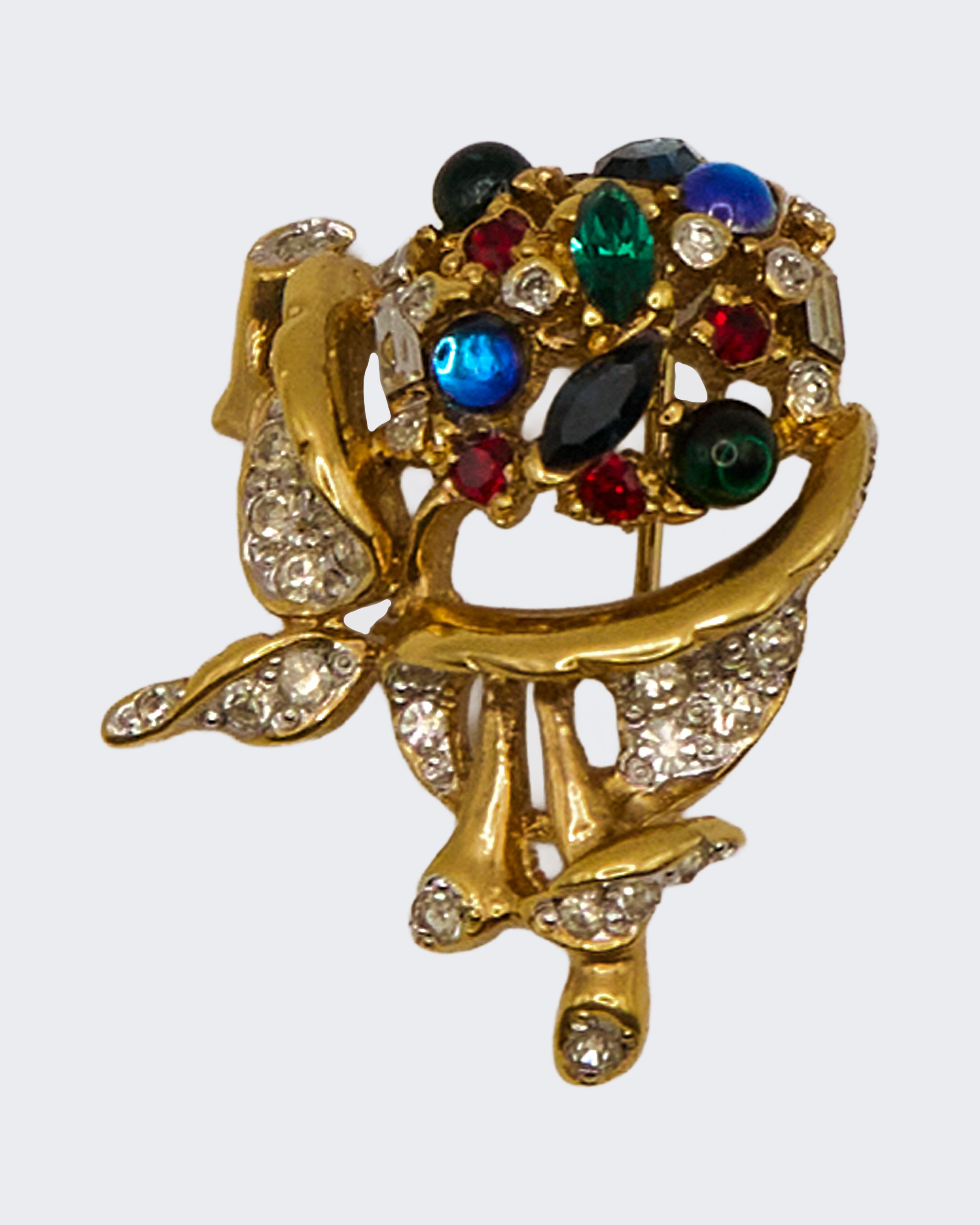 Spilla Vintage in Bigiotteria Oro con Strass e Pietre Colorate – Gioiello Anni ’40-’50 da Collezione