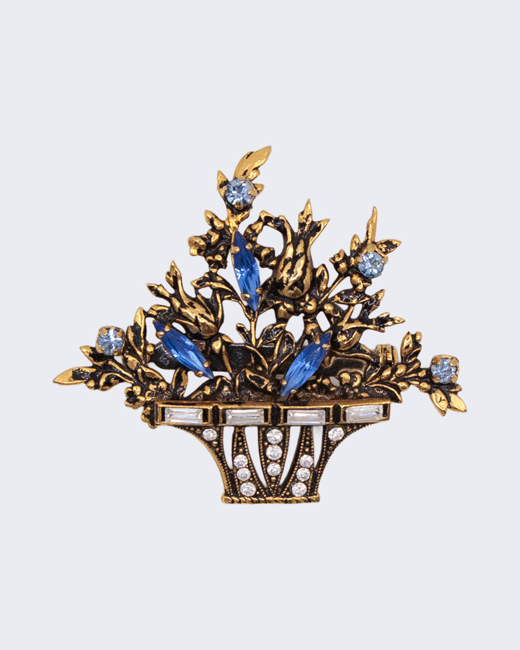 Spilla vintage a cestino floreale con strass blu e cristalli, design elegante anni ’50