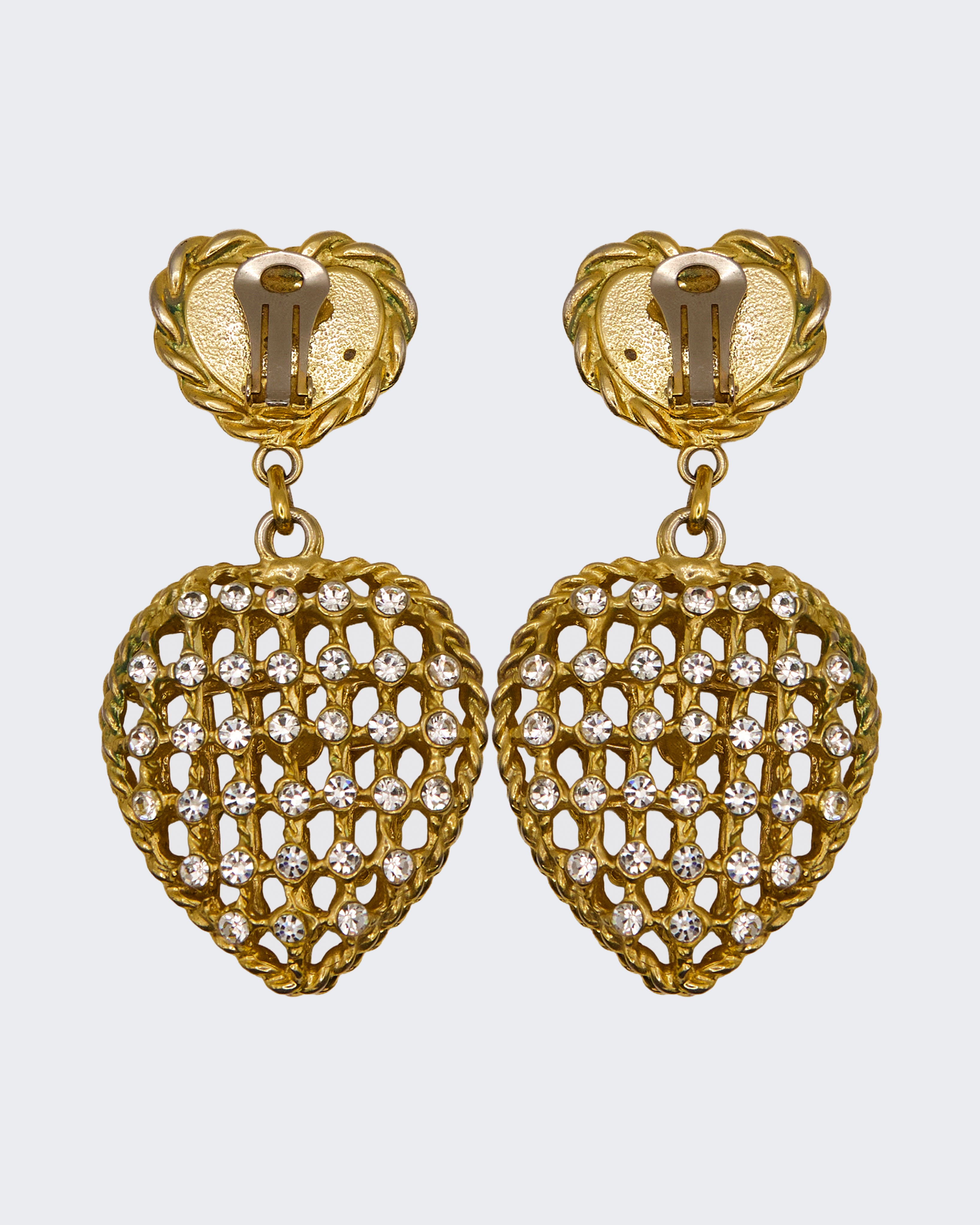 Orecchini Pendenti Vintage a Clip a Forma di Cuore – Metallo Dorato con Strass