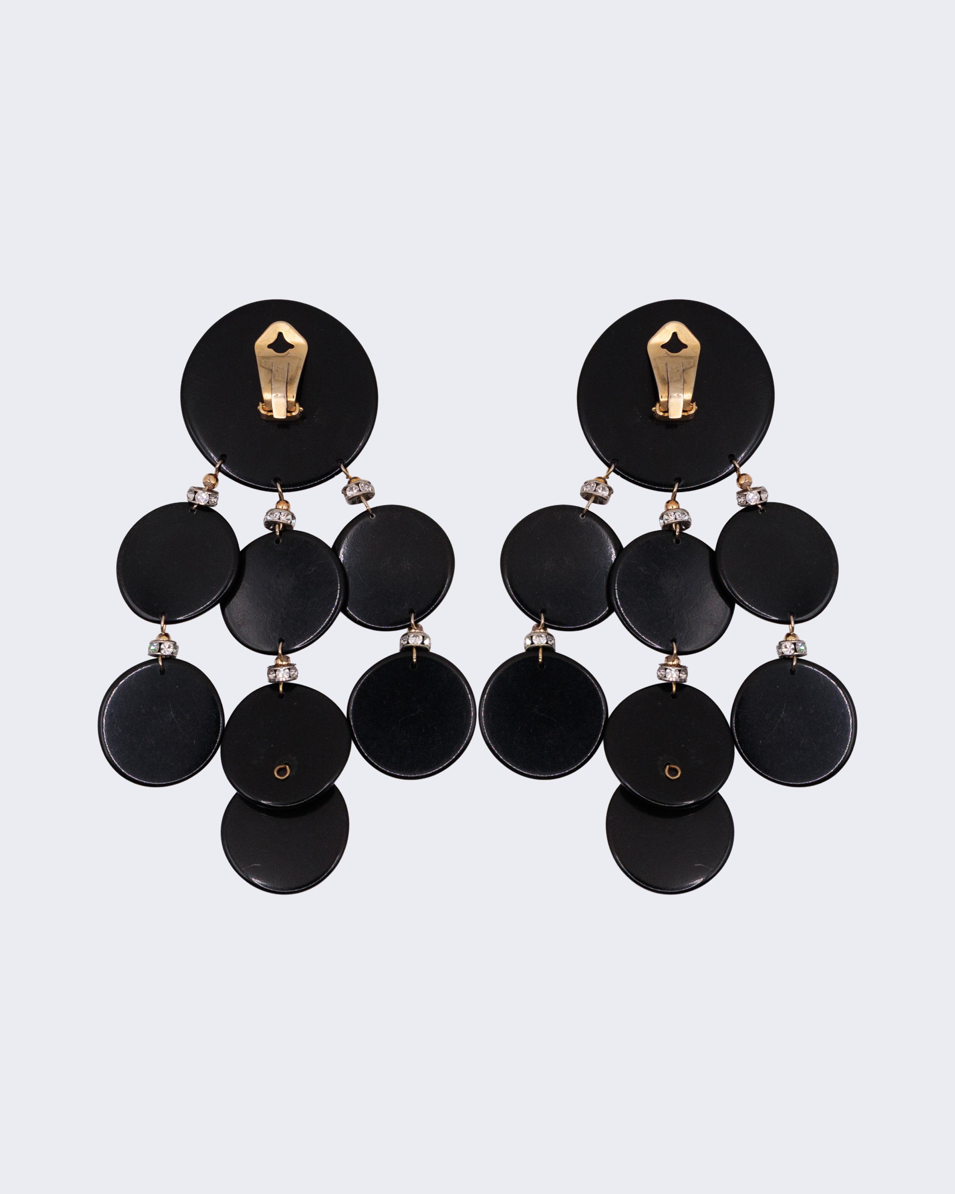 Orecchini vintage chandelier neri a dischi con strass, clip anni ’80 statement