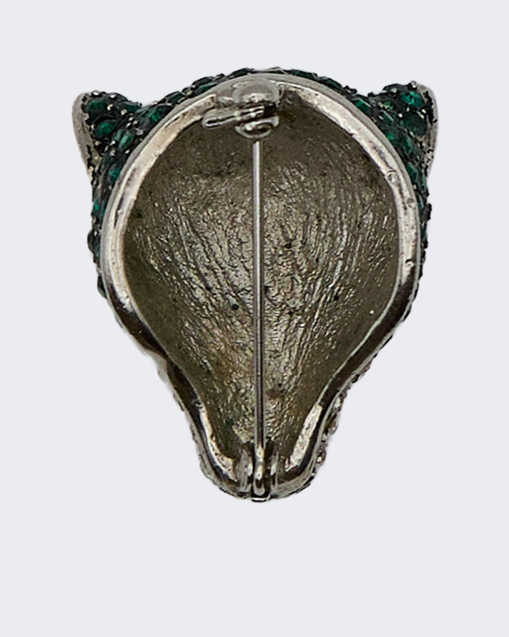 Broche vintage en forme de renard ornée de cristaux verts et blancs