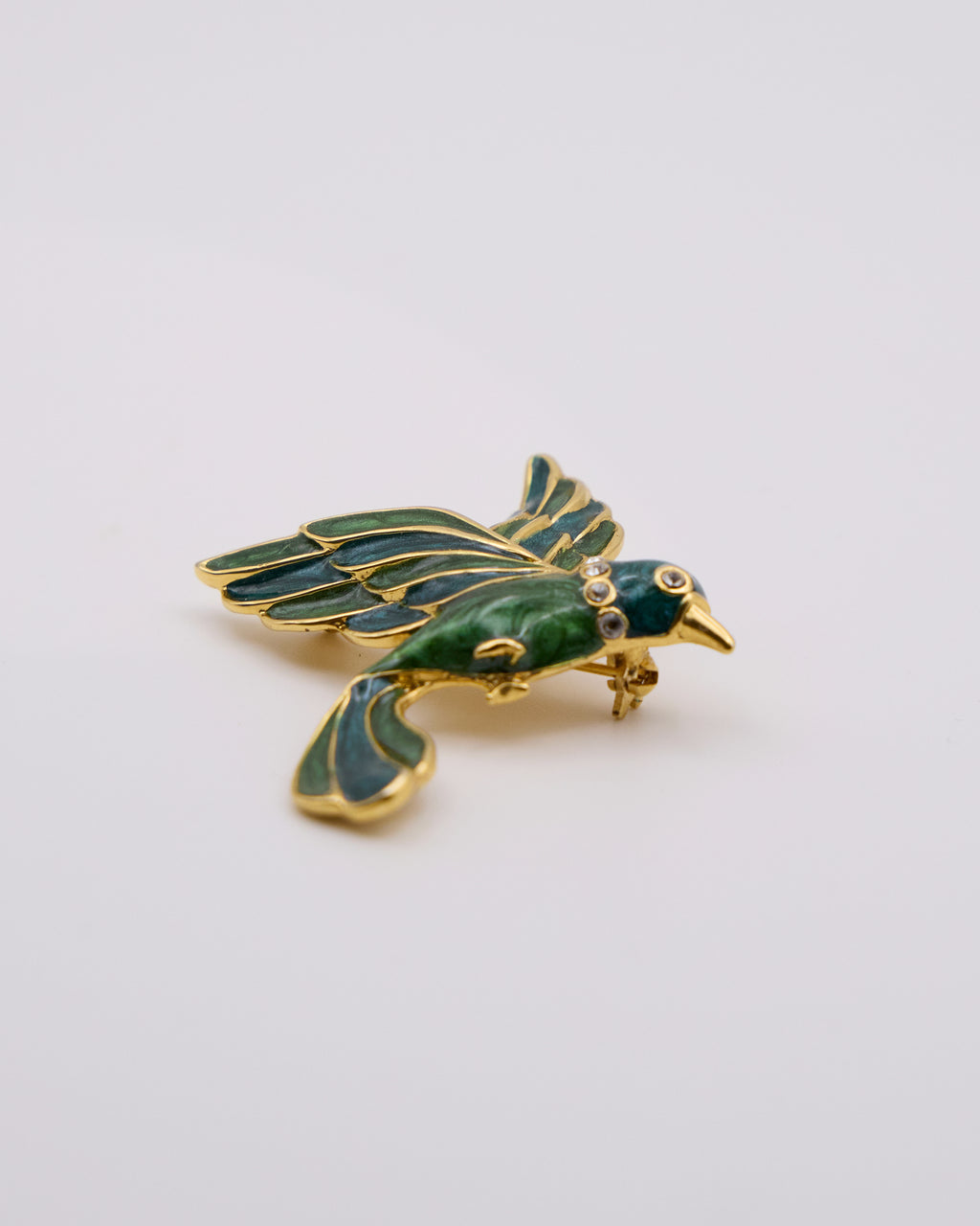 Spilla Vintage Uccello Verde Smaltato con Strass – Brooch Figurativa Anni ’80