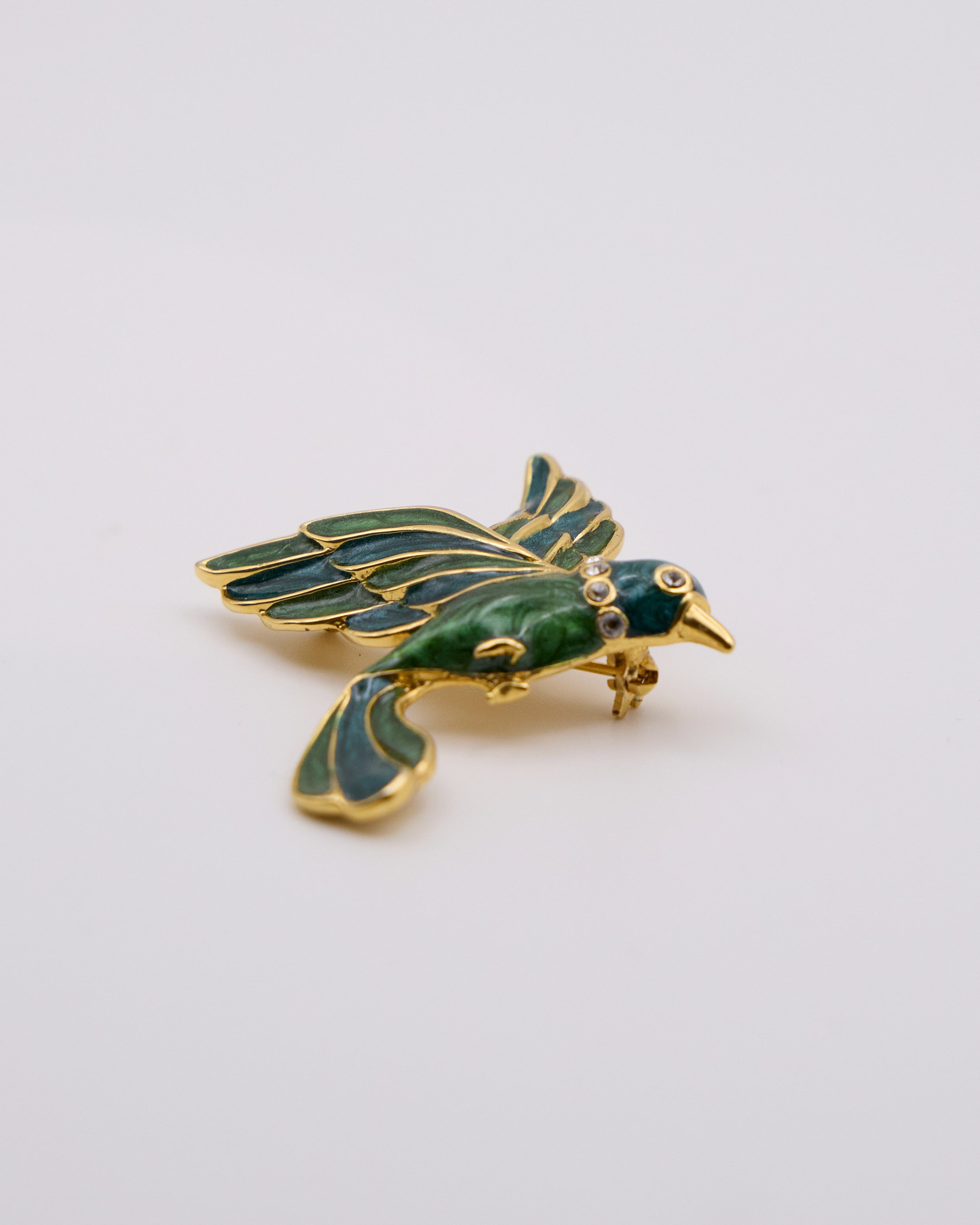 Spilla Vintage Uccello Verde Smaltato con Strass – Brooch Figurativa Anni ’80