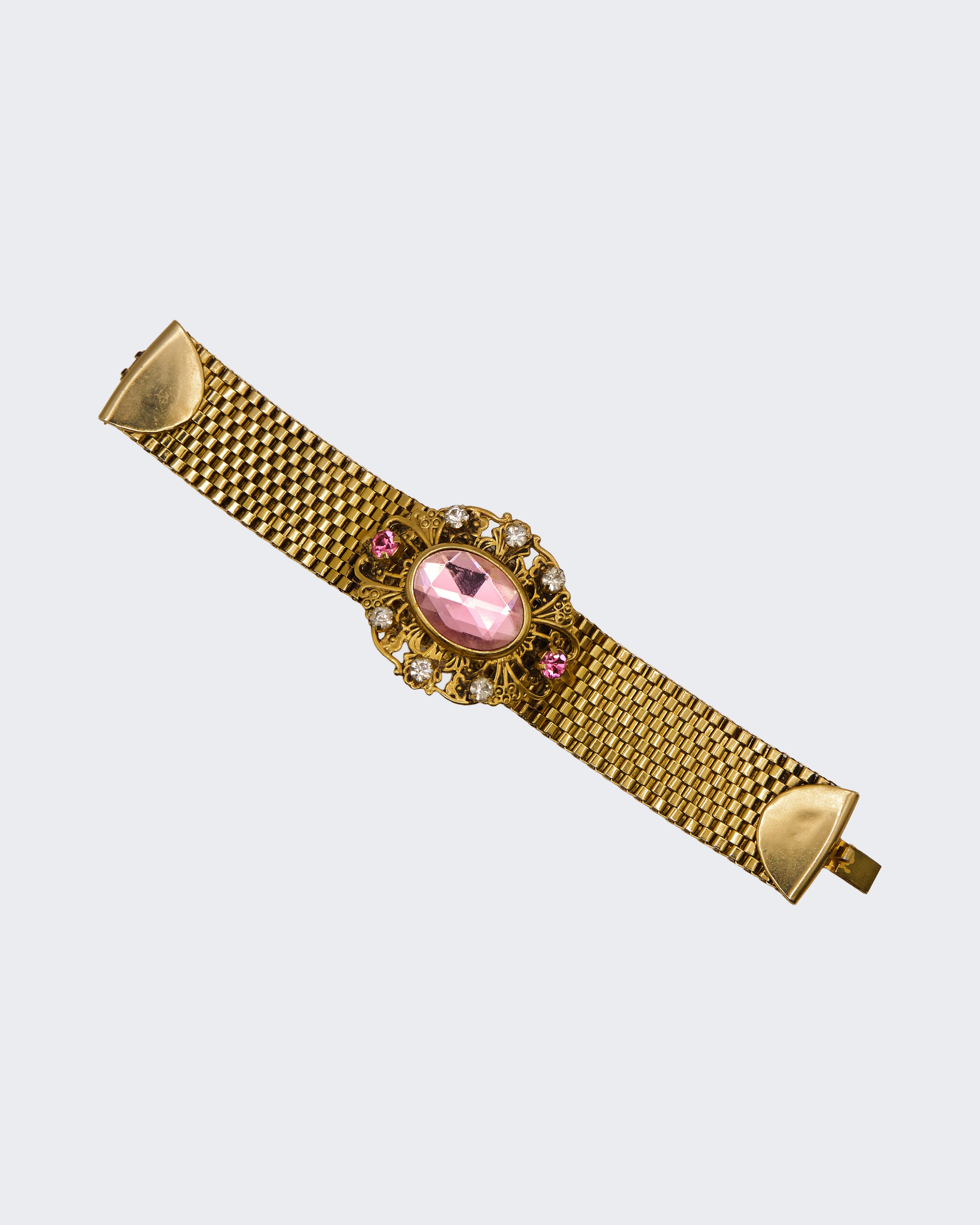 Bracciale Vintage Mesh Dorato con Pietra Rosa Ovale e Strass – Stile Vittoriano, 19 cm
