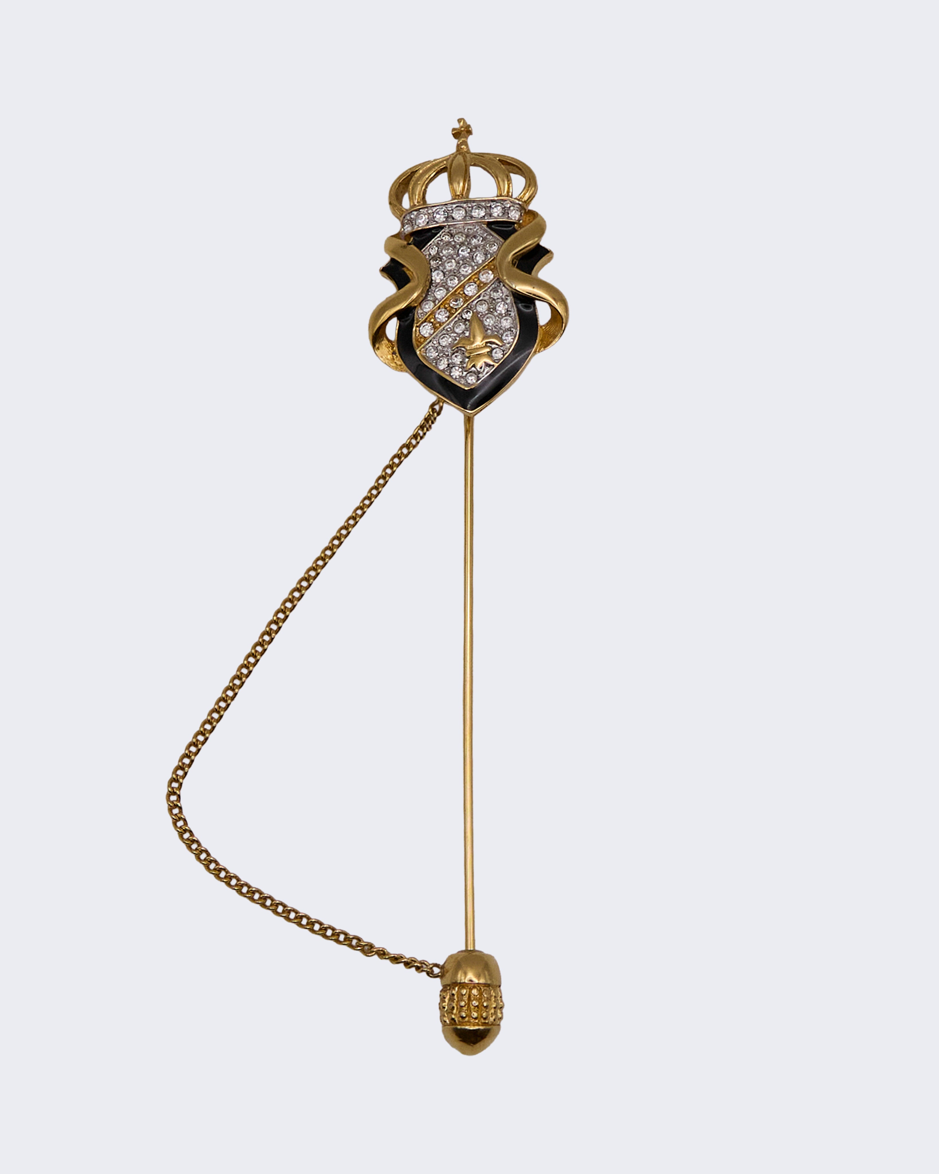 Spilla Vintage da Giacca con Stemma e Corona – Stick Pin Dorato con Cristalli