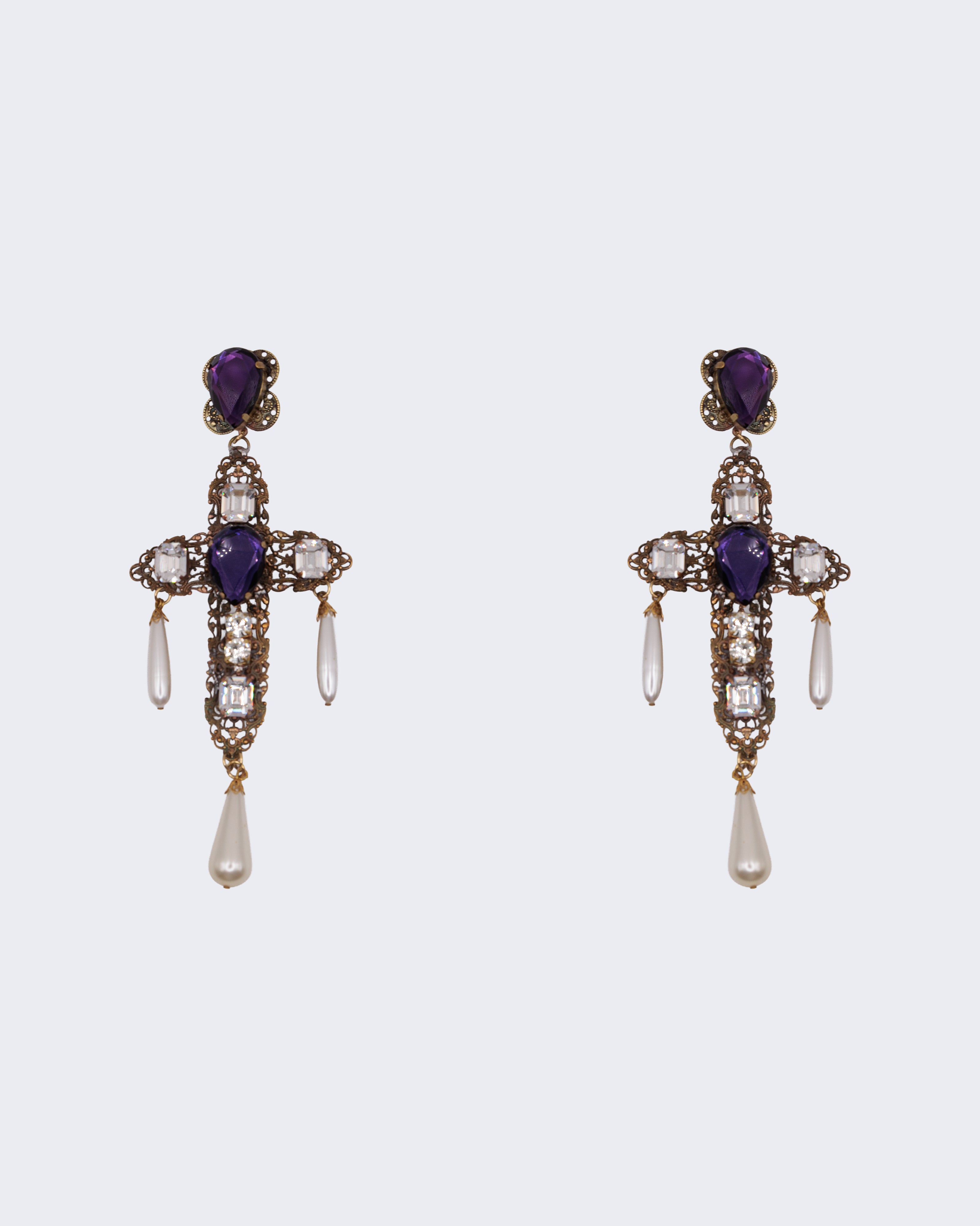 Orecchini Vintage a Croce con Pietre Viola e Perle – Orecchini Barocchi Pendenti Statement
