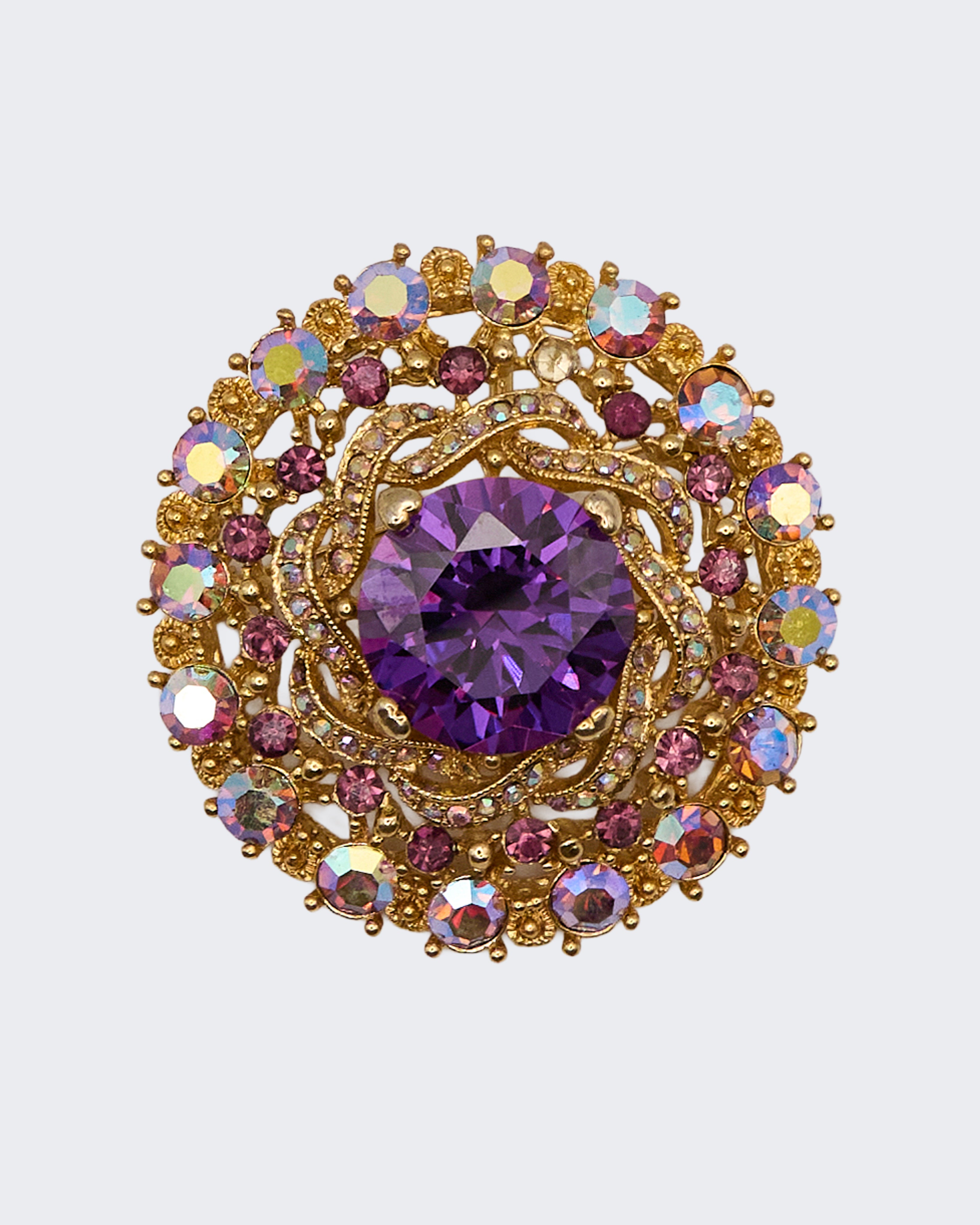 Vintage Gold Plated Brooch with Purple Crystal and Multicolored Rhinestones