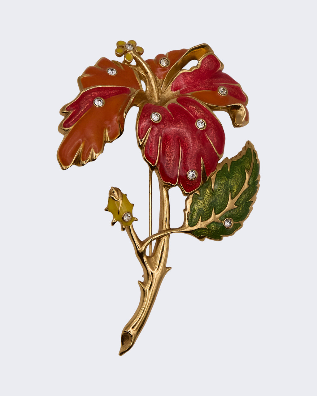 Spilla Vintage Fiore Smaltato Rosso e Arancio con Cristalli – Gioiello Floreale Elegante