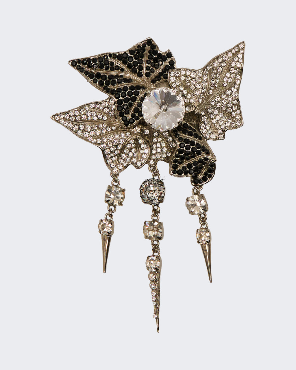 Spilla Farfalla Vintage con Strass Bianchi e Neri e Pendenti