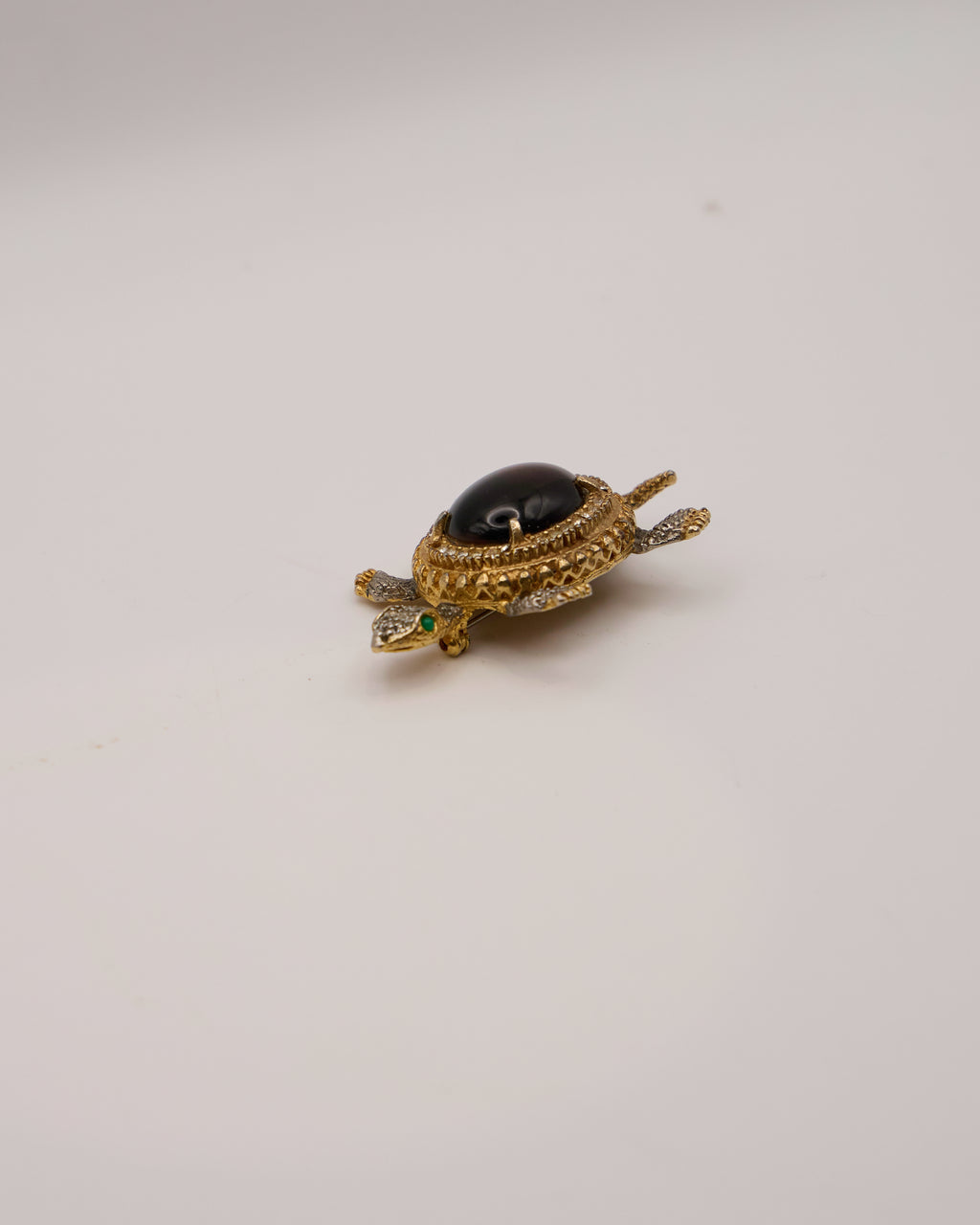 Vintage Kenneth Jay Lane Turtle Brooch with Dark Oval Stone and Rhinestones