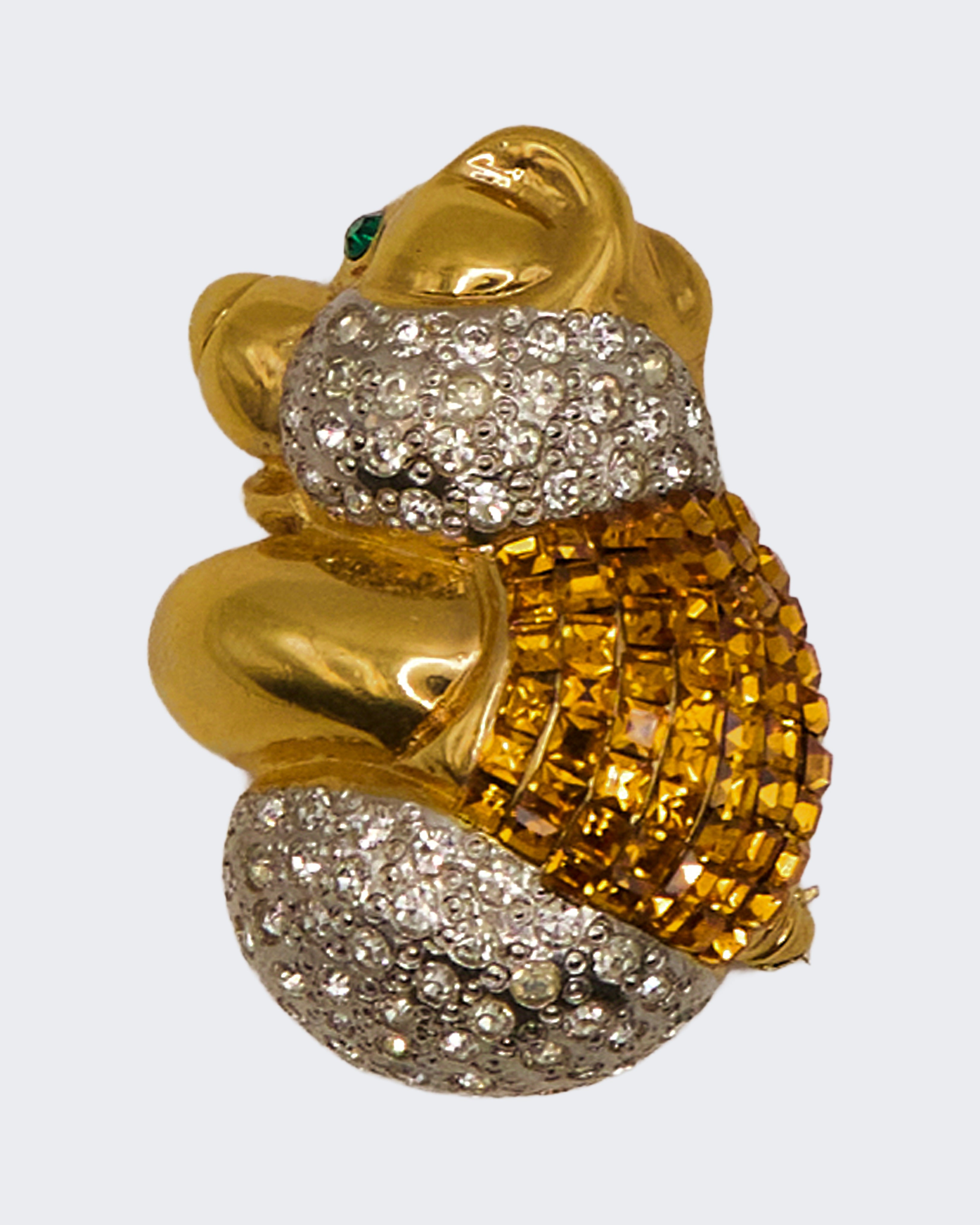 Spilla Vintage a Forma di Orso in Metallo Oro con Strass Ambra e Occhi Verdi – Anni ’80