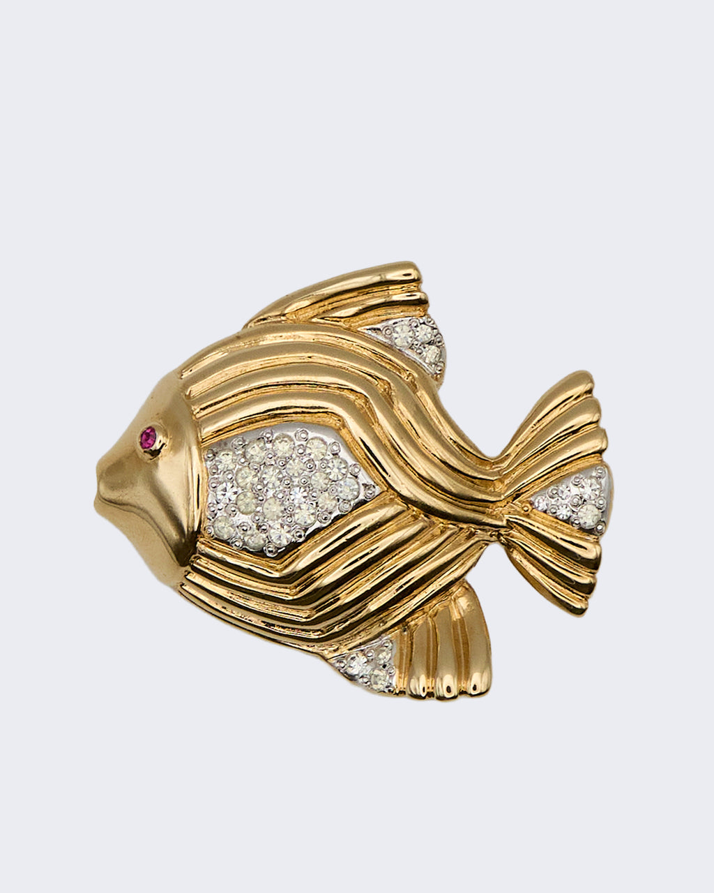 Spilla Pesce Vintage Placcata Oro con Strass e Pietra Rossa – Anni ’80–’90