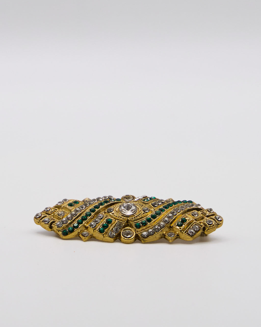 Spilla Vintage Art Déco Firmata Dueci Bijoux – Cristalli Verdi e Bianchi Dorati