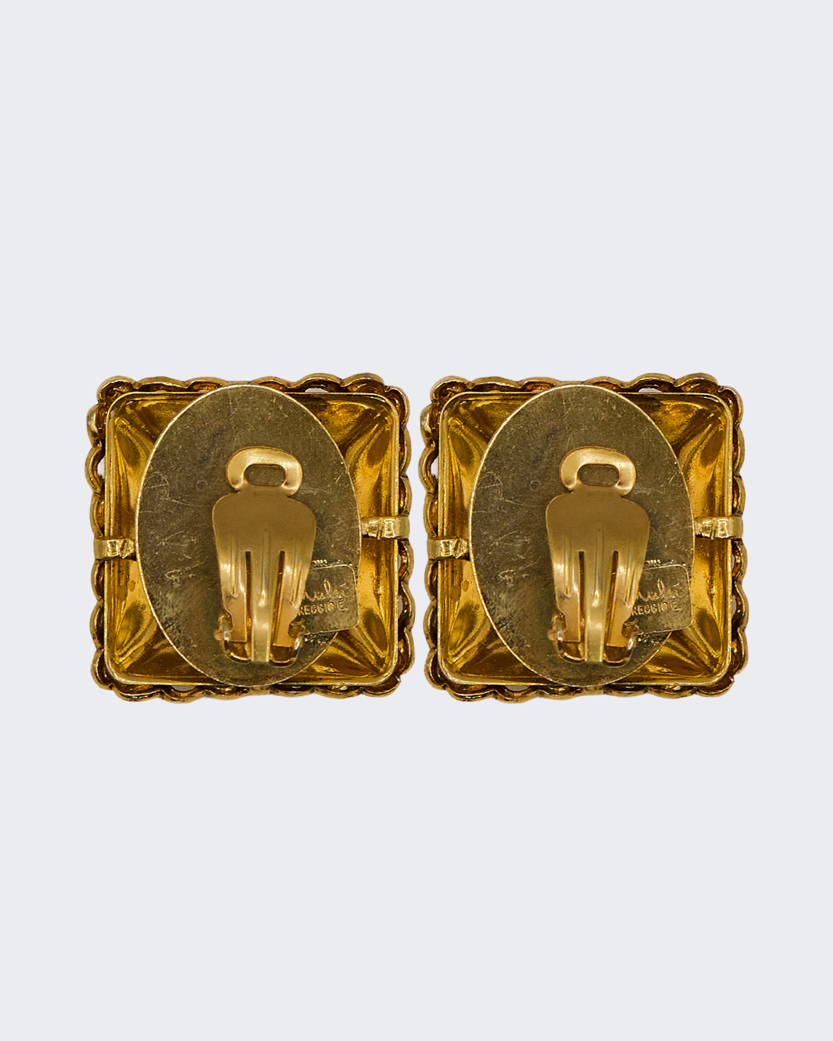 Orecchini Vintage Quadrati a Clip – Metallo Dorato, Strass e Perle Sintetiche
