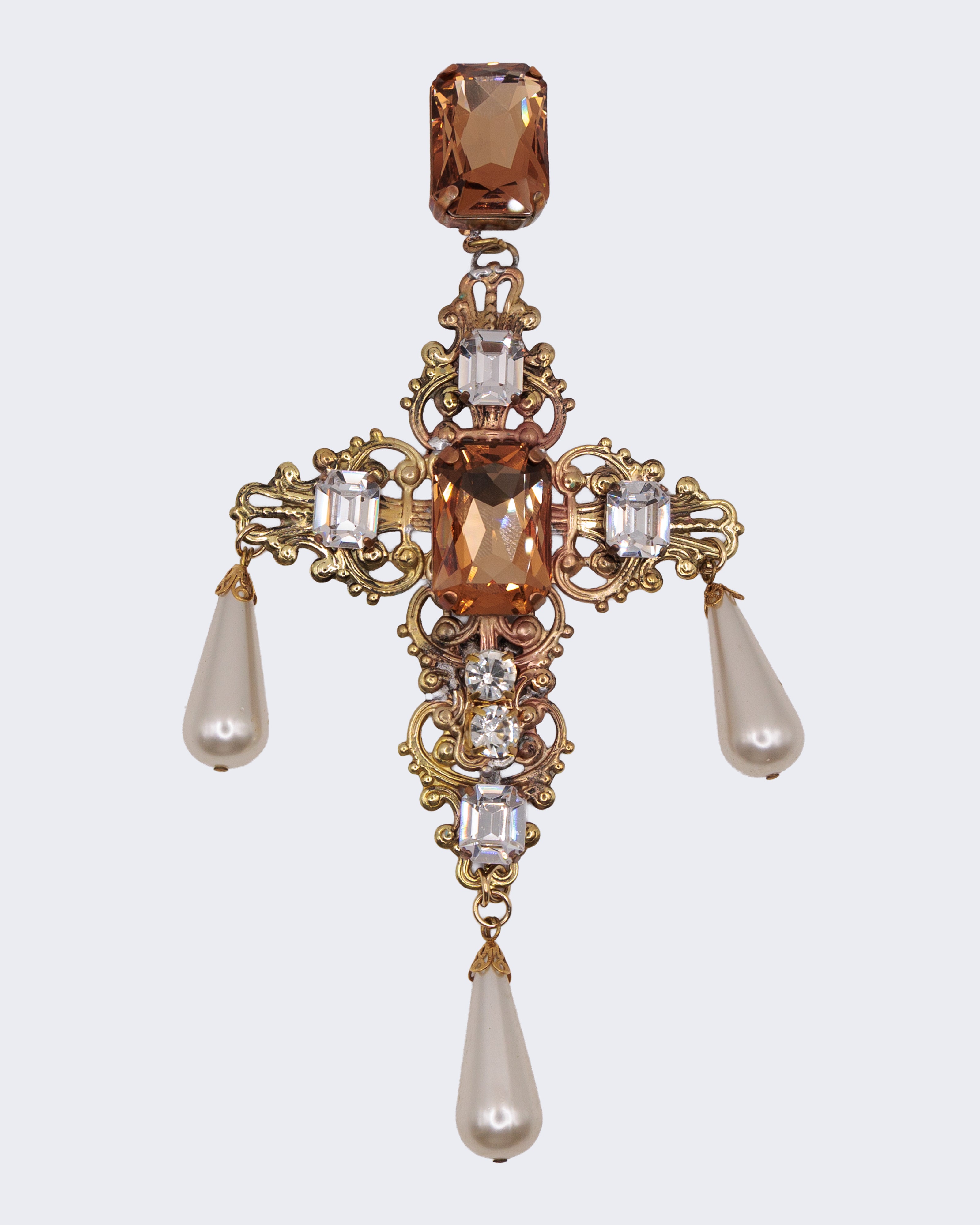 Orecchini Vintage Croce Barocca Oro con Cristalli Ambra e Perle – Statement Earrings