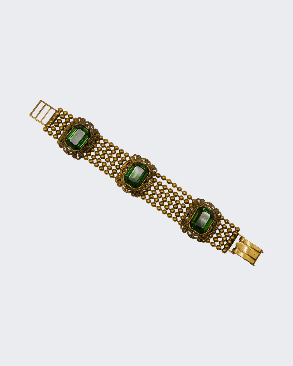 Bracciale Vintage Dorato con Pietre Verdi – Bigiotteria Stile Art Déco / Anni ’50, 19,5 cm