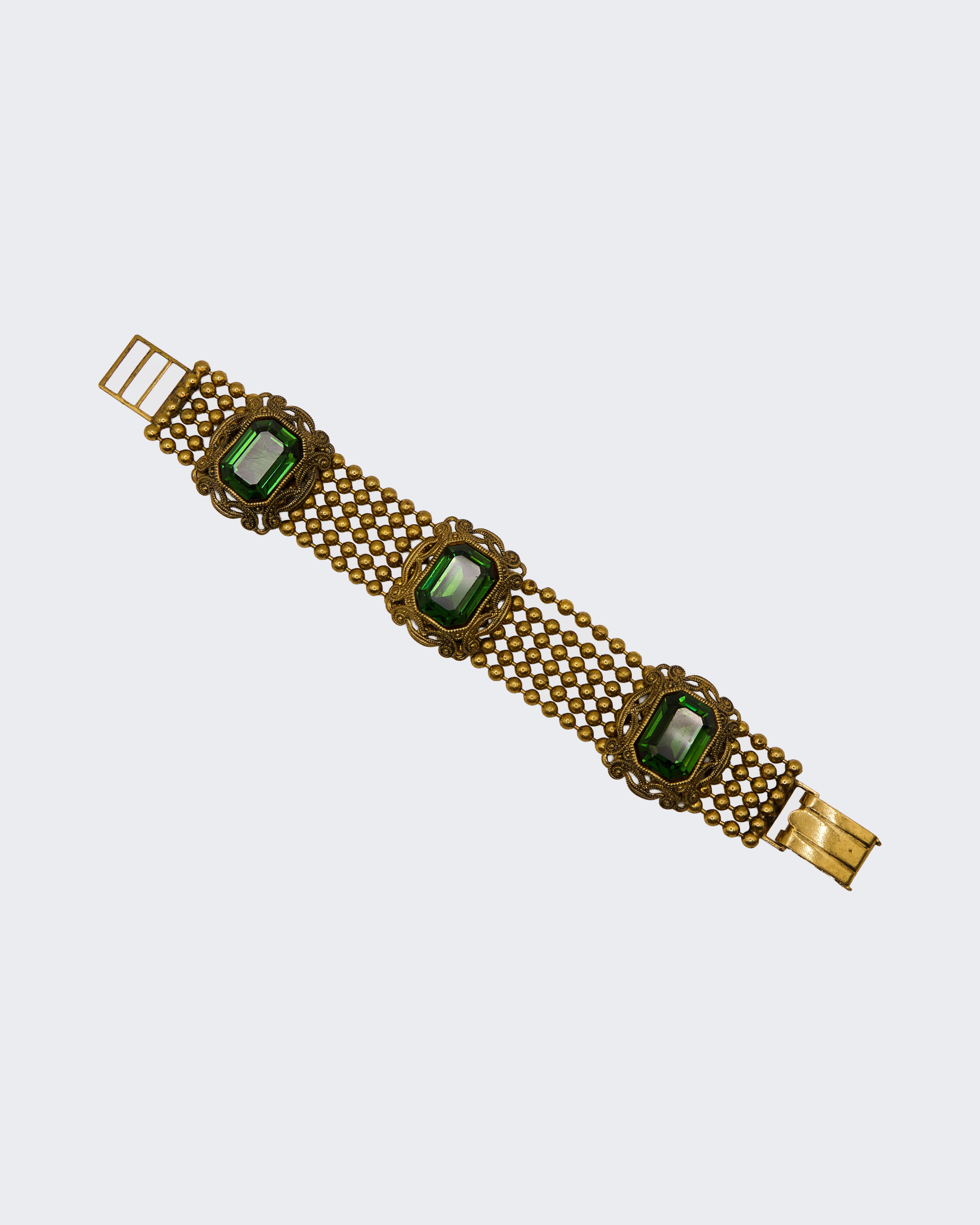 Bracciale Vintage Dorato con Pietre Verdi – Bigiotteria Stile Art Déco / Anni ’50, 19,5 cm
