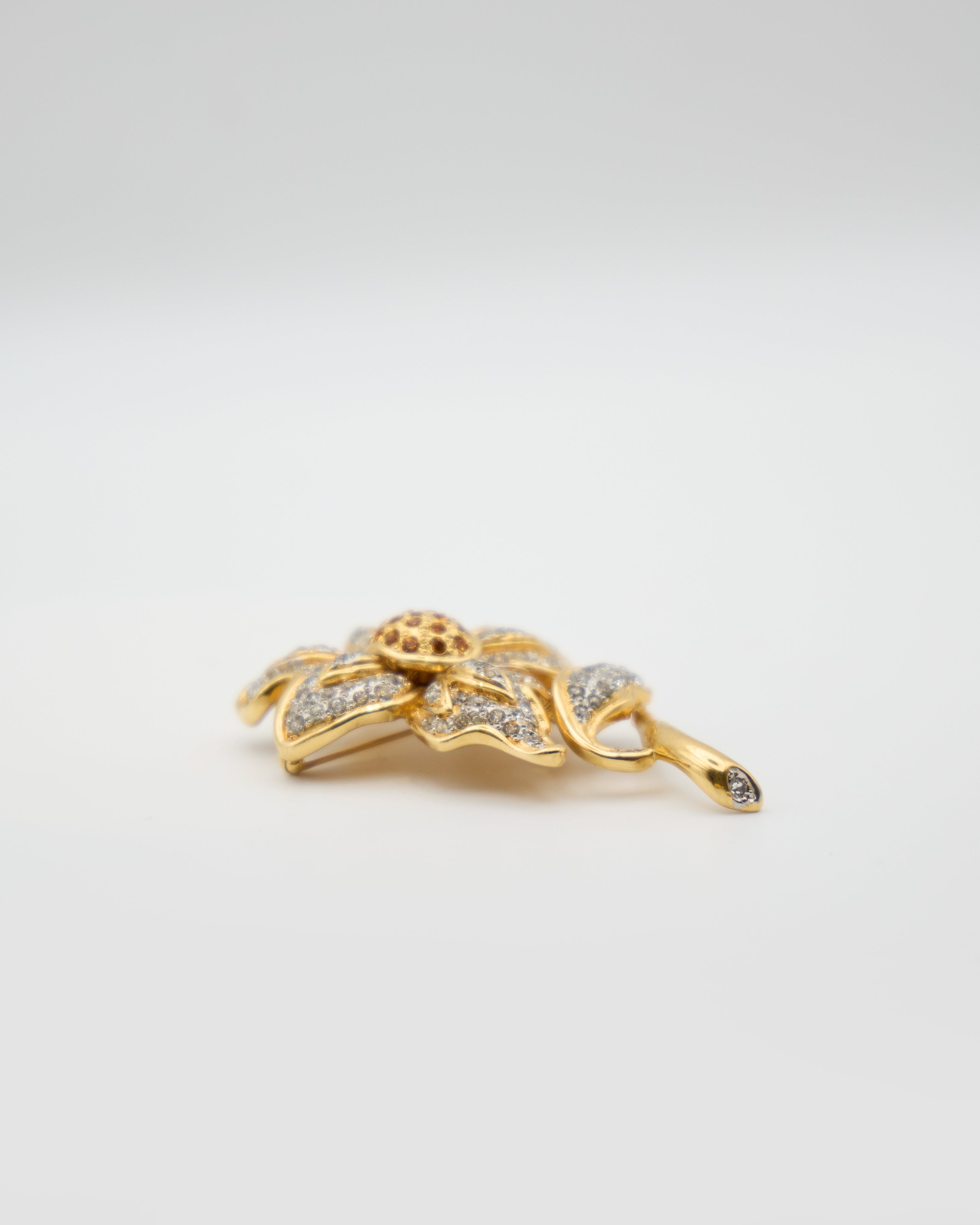 Vintage Gold Plated Floral Brooch with White and Amber Rhinestones – 1960s