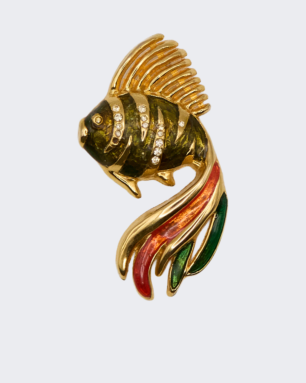 Broche vintage en forme de poisson tropical – Métal doré et émaux polychromes