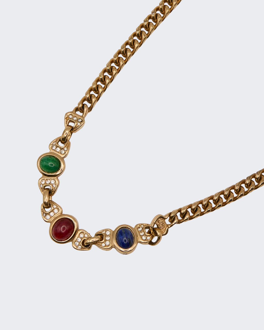 Collier Christian Dior vintage des années 1980 – Maillons en or avec cabochons et strass