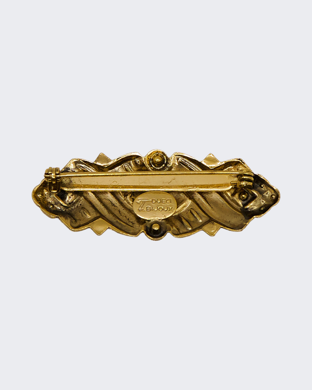Spilla Vintage Art Déco Firmata Dueci Bijoux – Cristalli Verdi e Bianchi Dorati