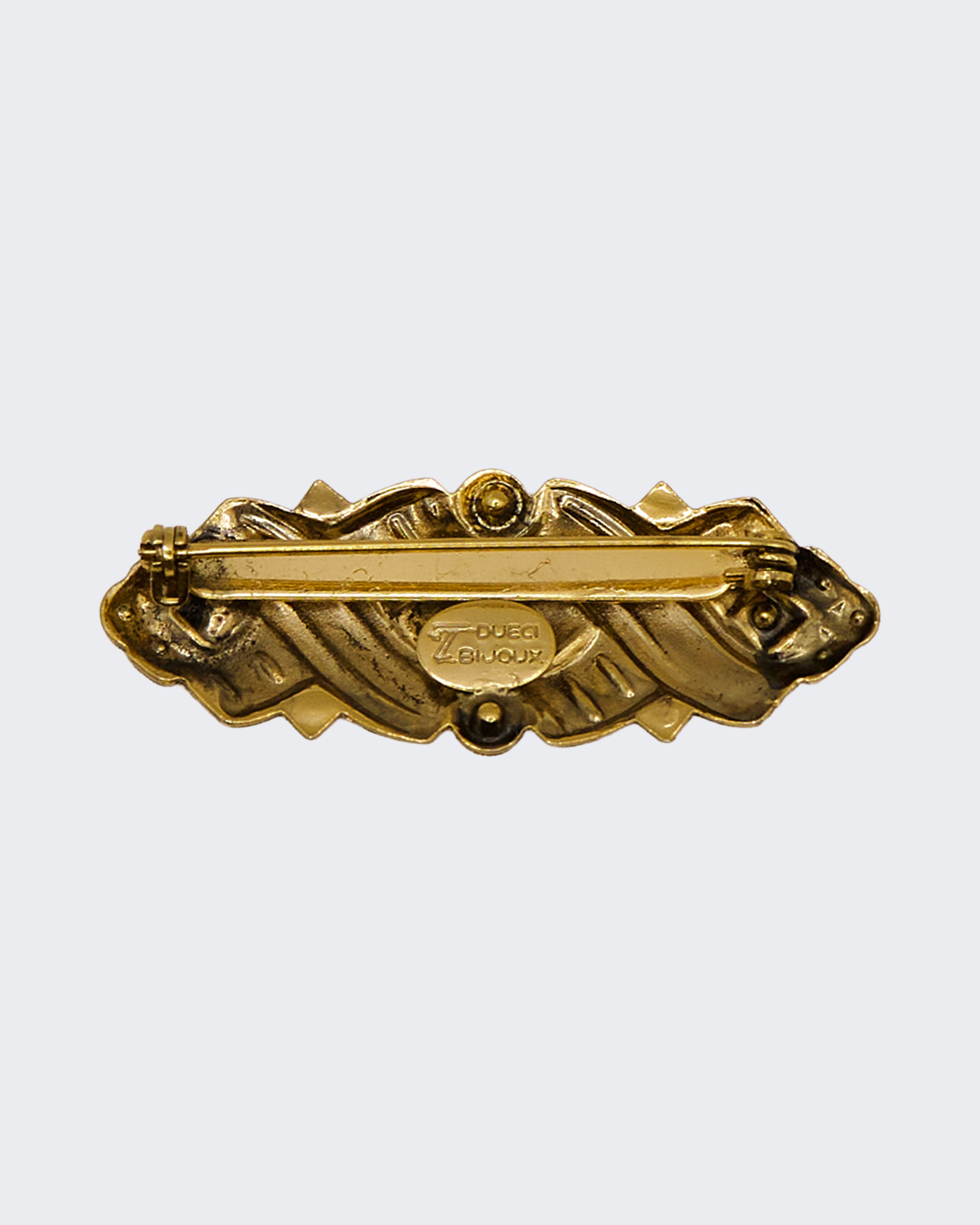 Spilla Vintage Art Déco Firmata Dueci Bijoux – Cristalli Verdi e Bianchi Dorati