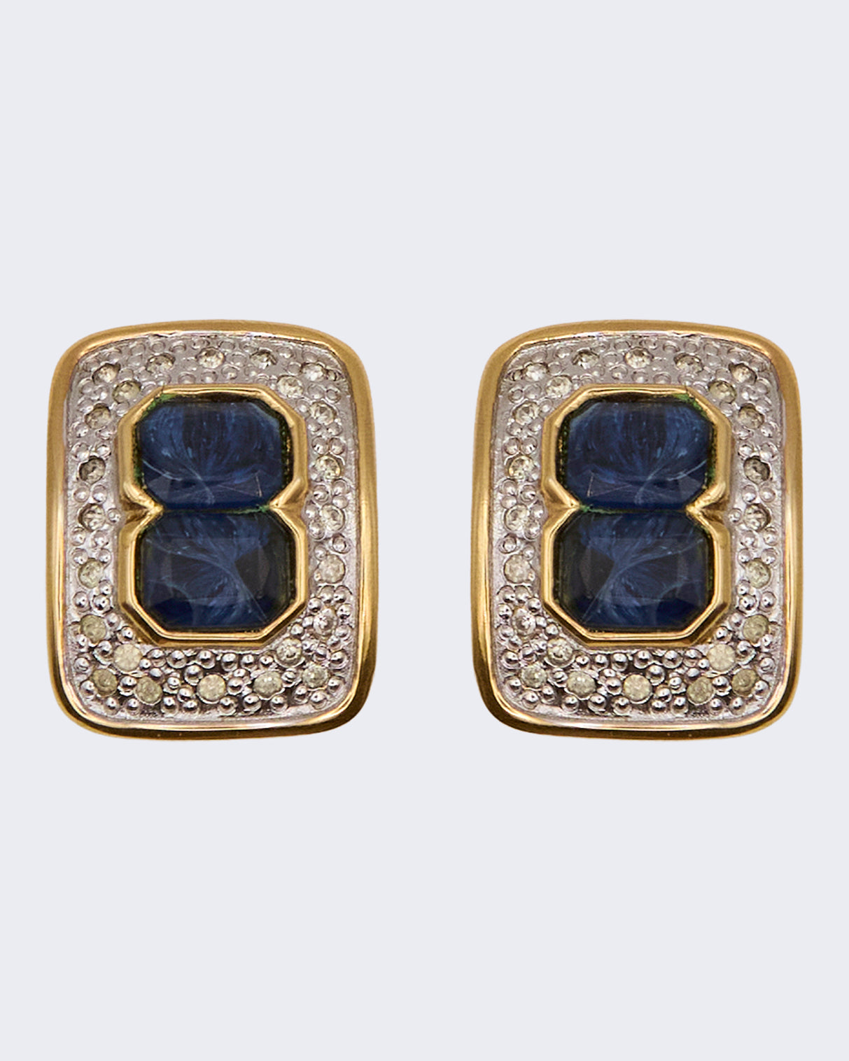 Orecchini Vintage a Clip con Cristallo Zaffiro e Pavé di Cristalli – Placcati Oro, Anni ’80