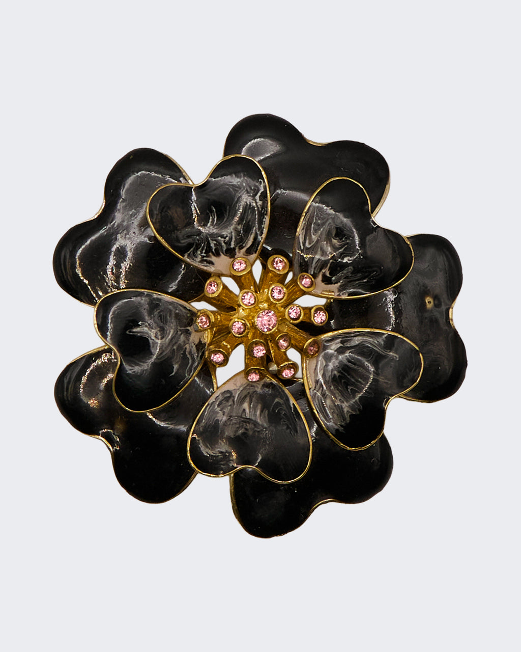 Spilla Floreale Vintage con Smalto Nero e Pietre Rosa – Stile Art Déco
