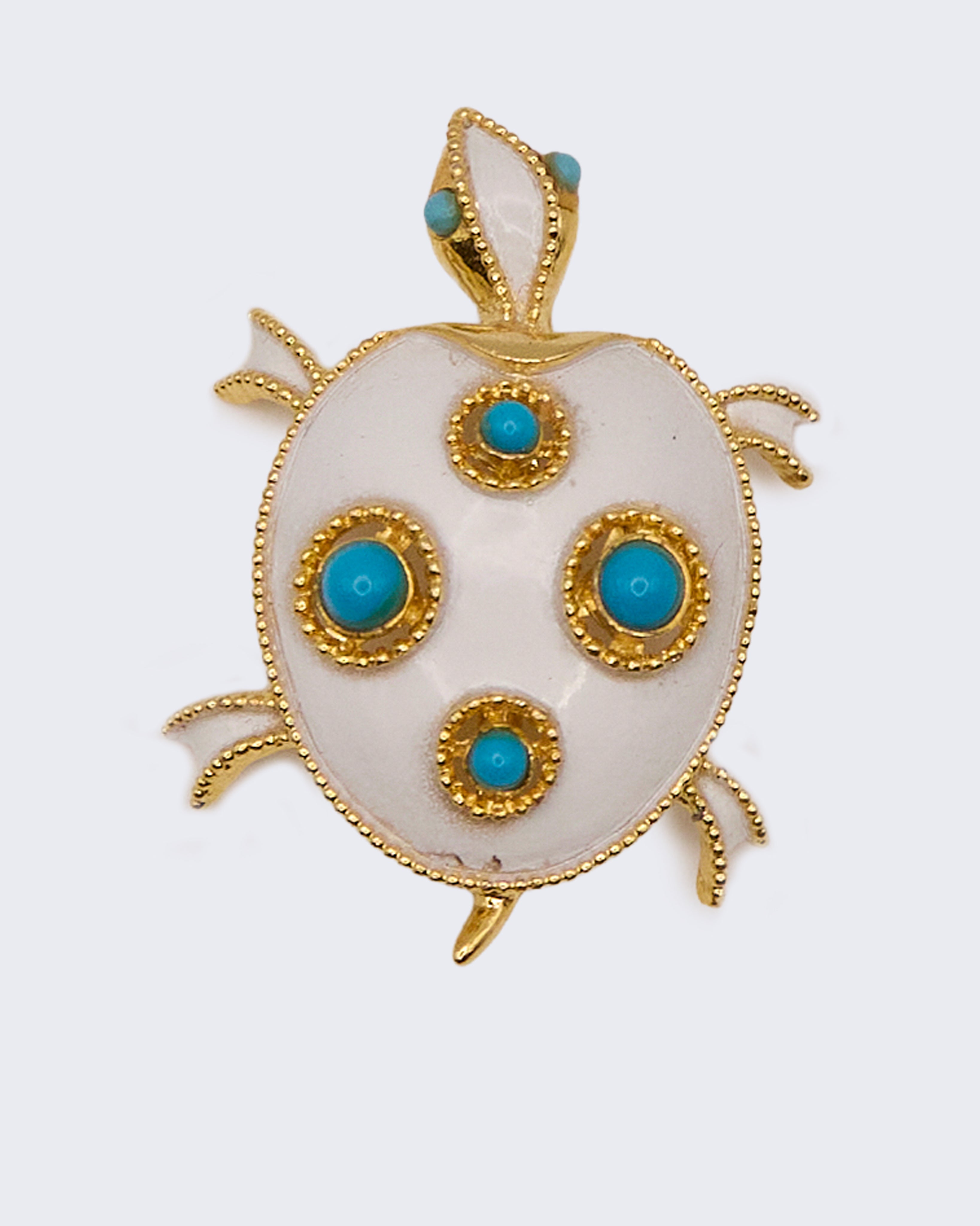 Spilla Vintage Tartaruga – Metallo Oro con Smalto Bianco e Inserti Turchese