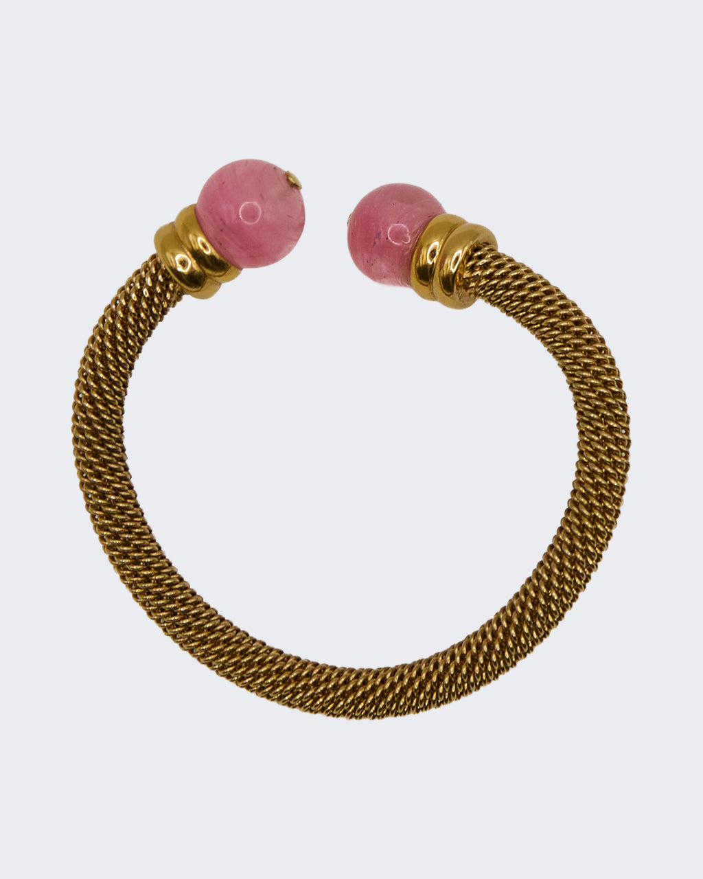 Bracciale Vintage Semirigido a Rete con Sfere Rosa – Placcato Oro, Stile Cuff