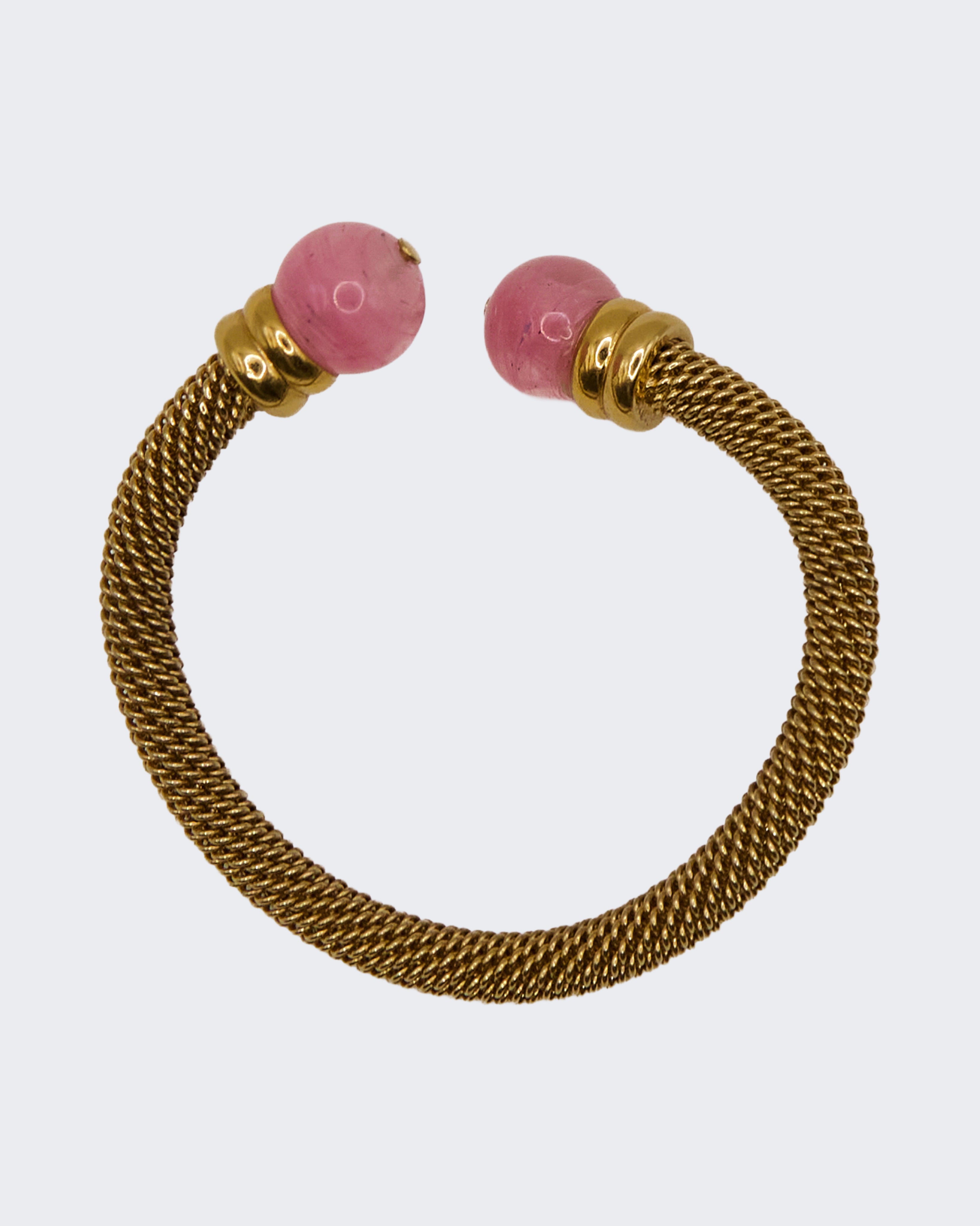 Bracciale Vintage Semirigido a Rete con Sfere Rosa – Placcato Oro, Stile Cuff