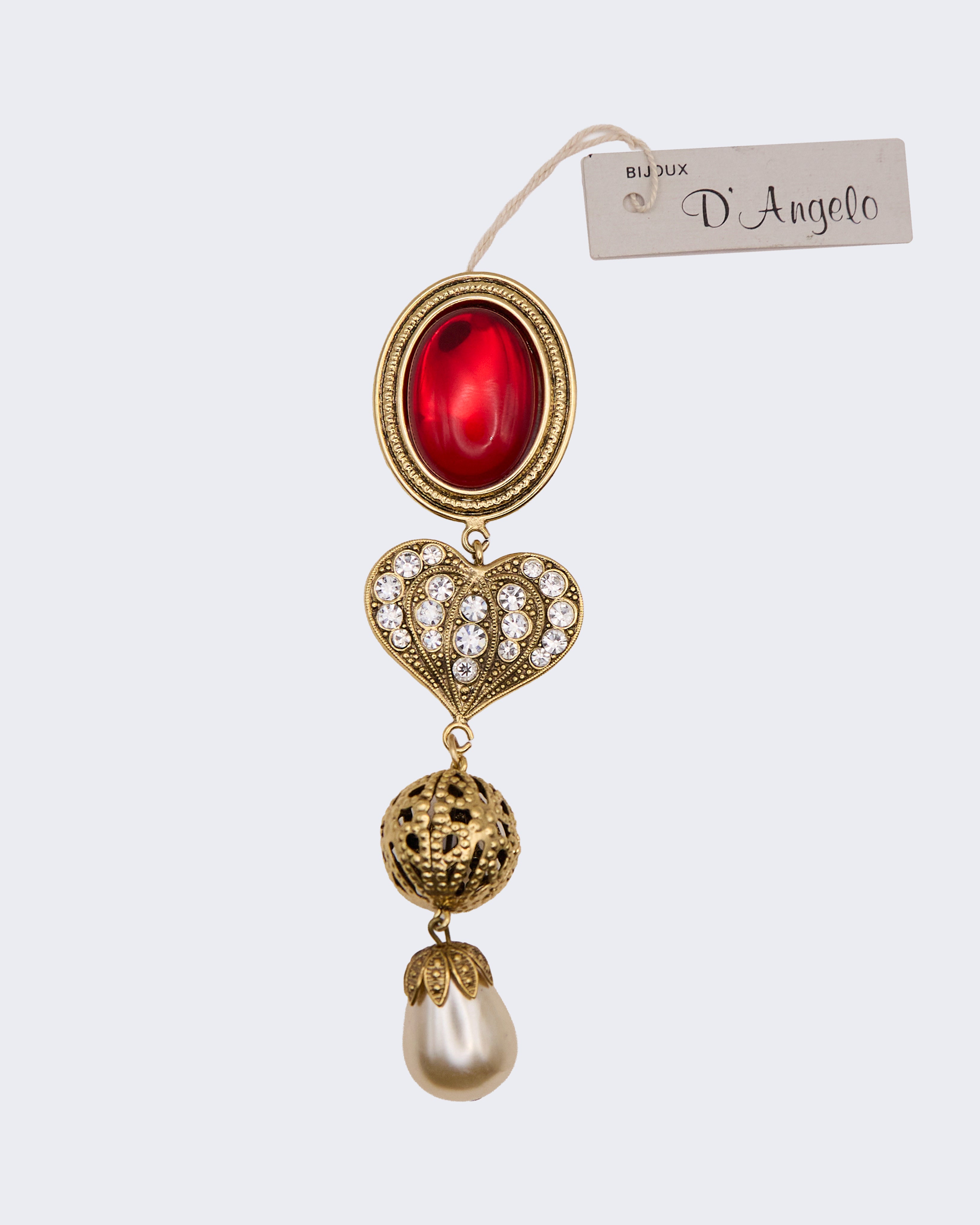 Orecchini Vintage firmati D’Angelo Cuore Sacro Rosso e Perle – Clip Statement Barocco