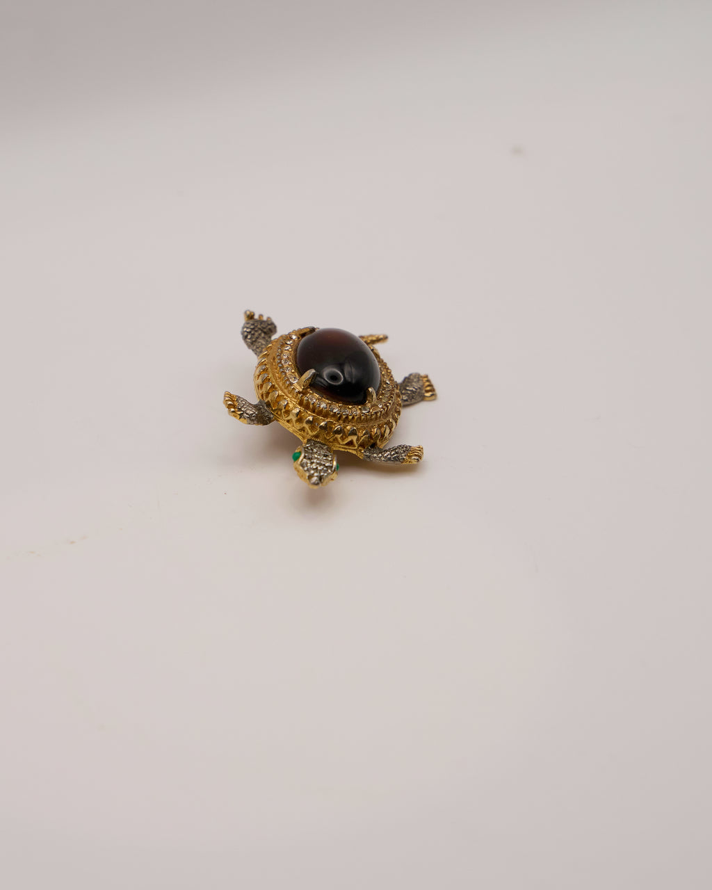 Vintage Kenneth Jay Lane Turtle Brooch with Dark Oval Stone and Rhinestones