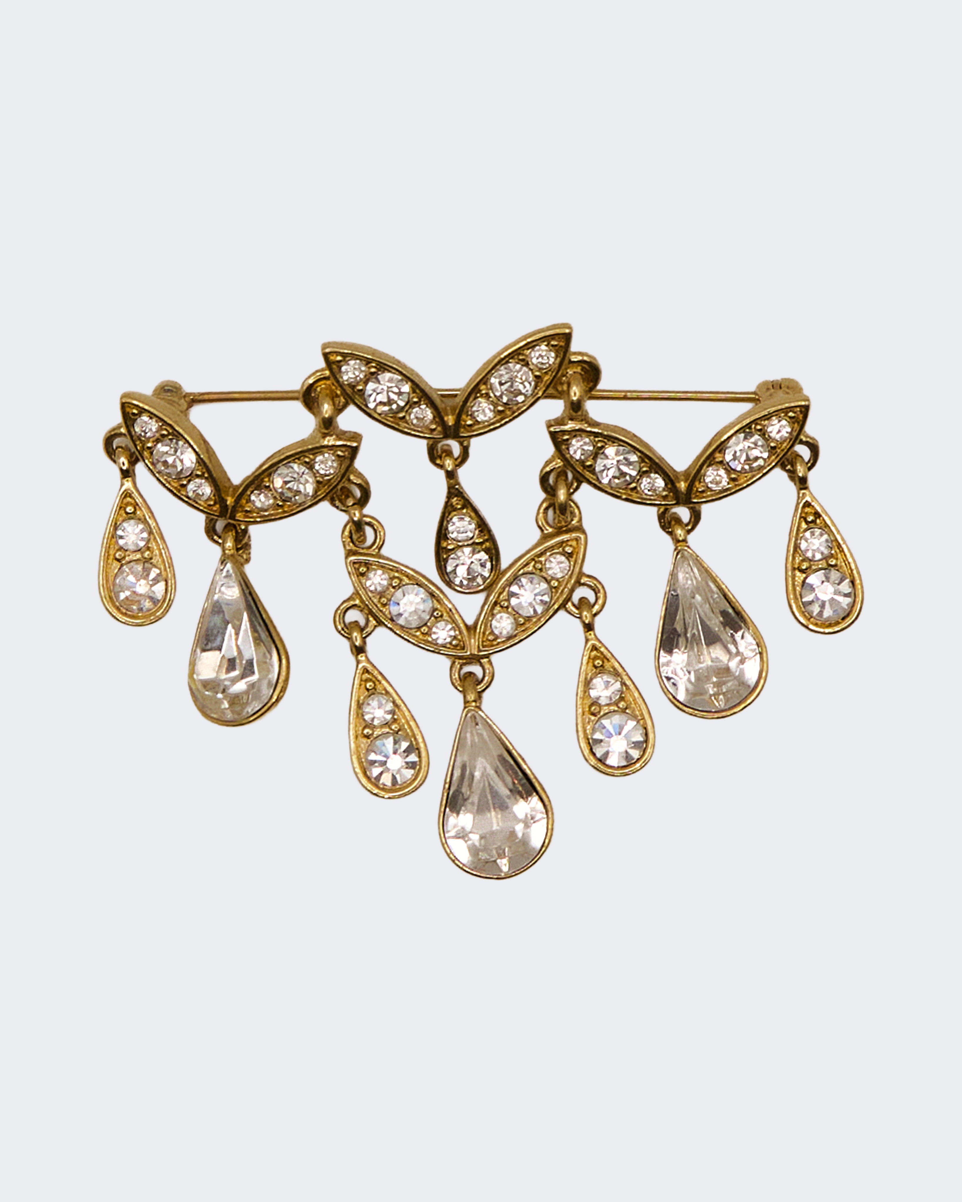 Spilla Vintage con Cristalli e Pendenti a Goccia – Metallo Dorato