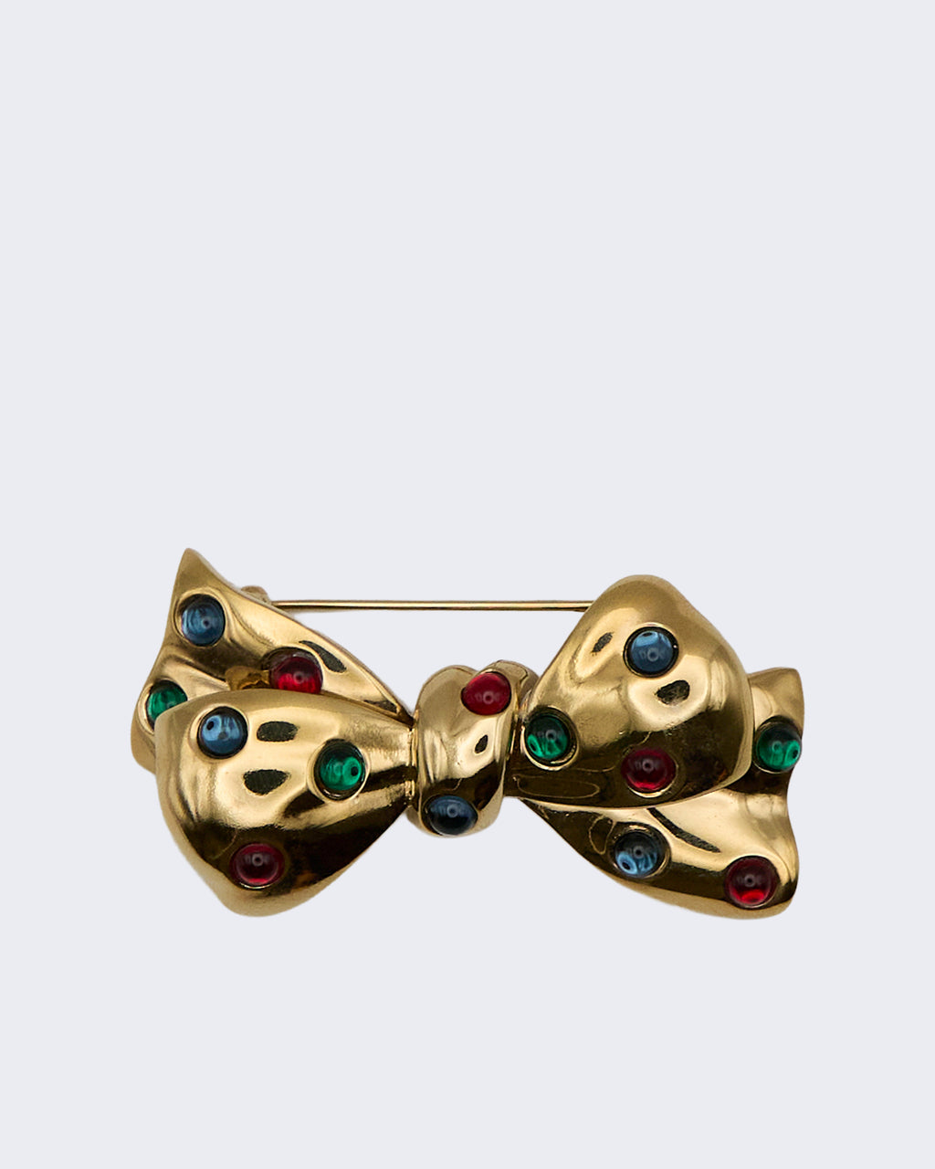 Vintage Gold Bow Brooch with Multicolored Stones – 1980s–1990s