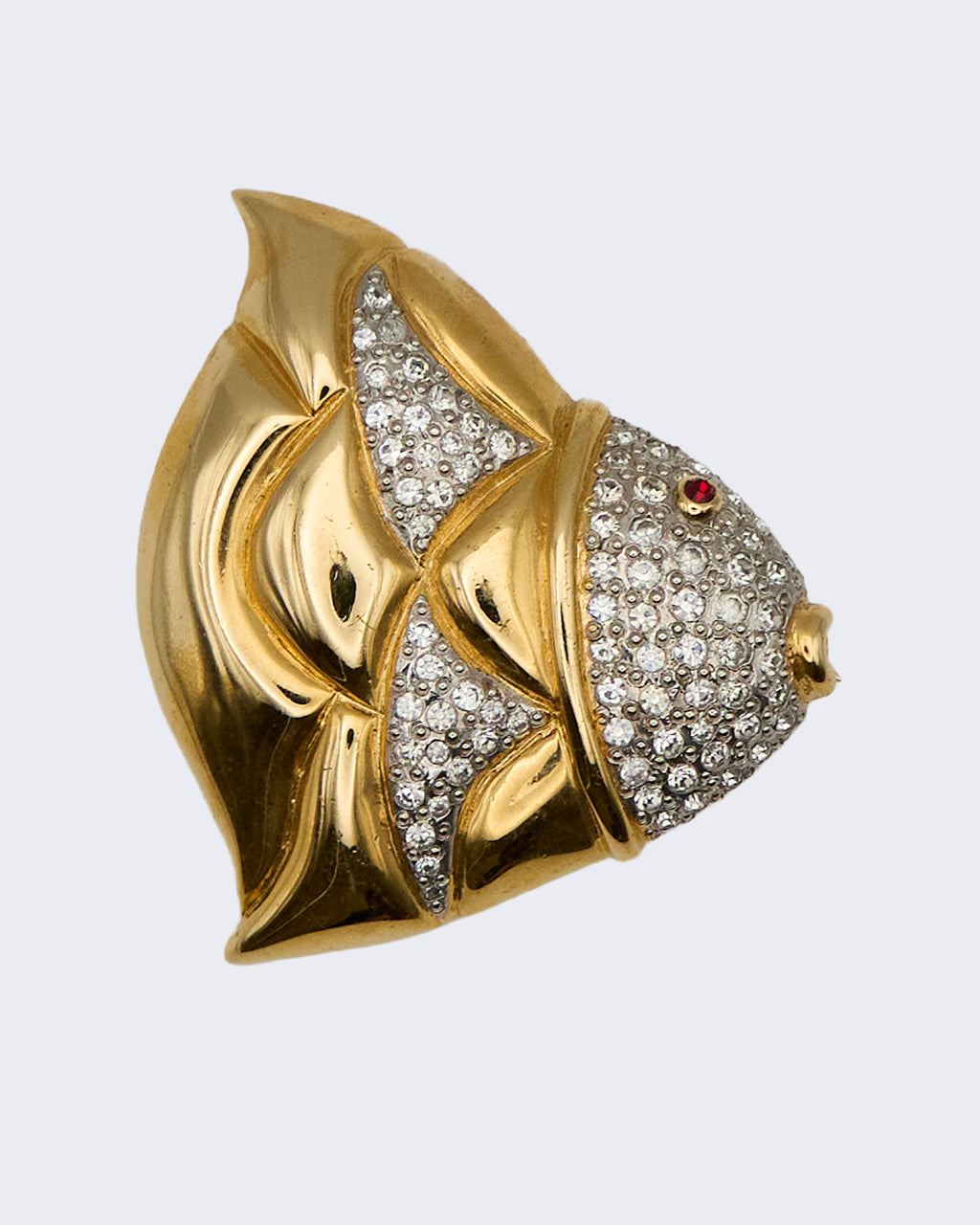 Vintage Gold-Plated Metal Angelfish Brooch with Crystal Pavé – 1950s–1970s