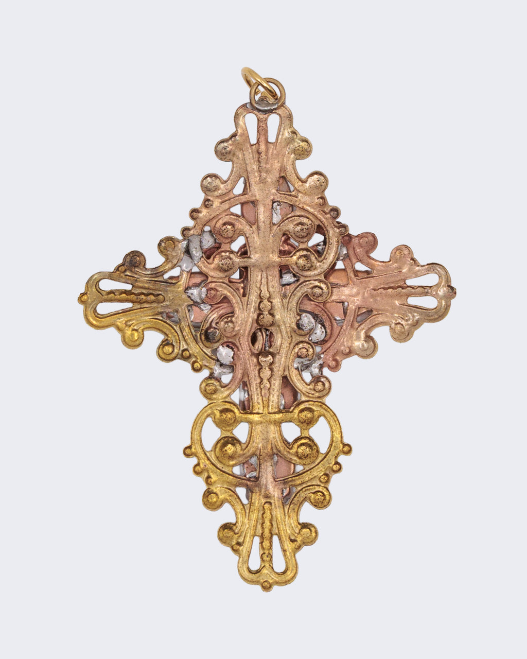 Ciondolo vintage a croce con pietre viola e cristallo centrale – stile barocco – 9,2 cm