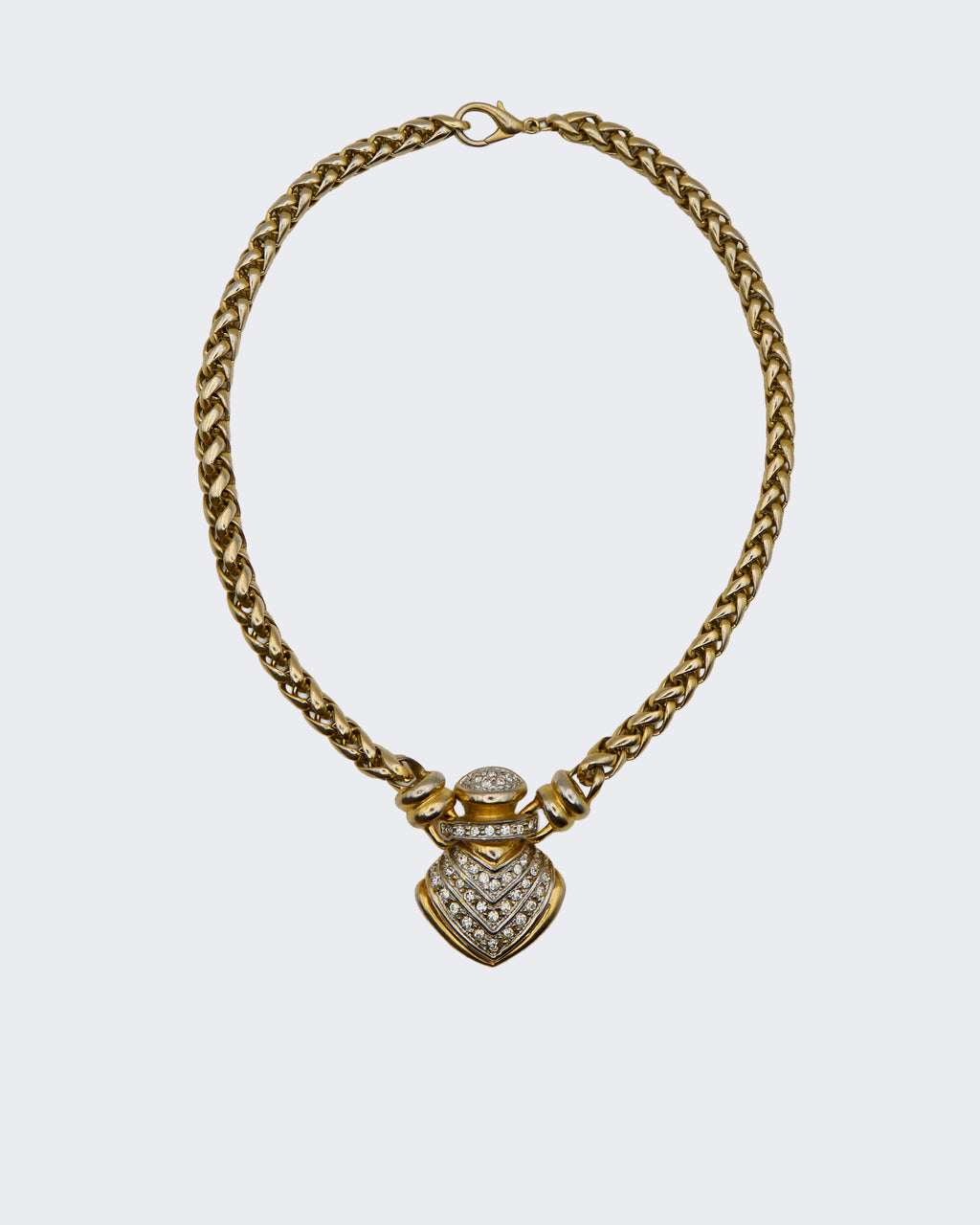 Collana vintage girocollo con ciondolo pavé a cuore, maglia a treccia dorata – Anni ’80/’90