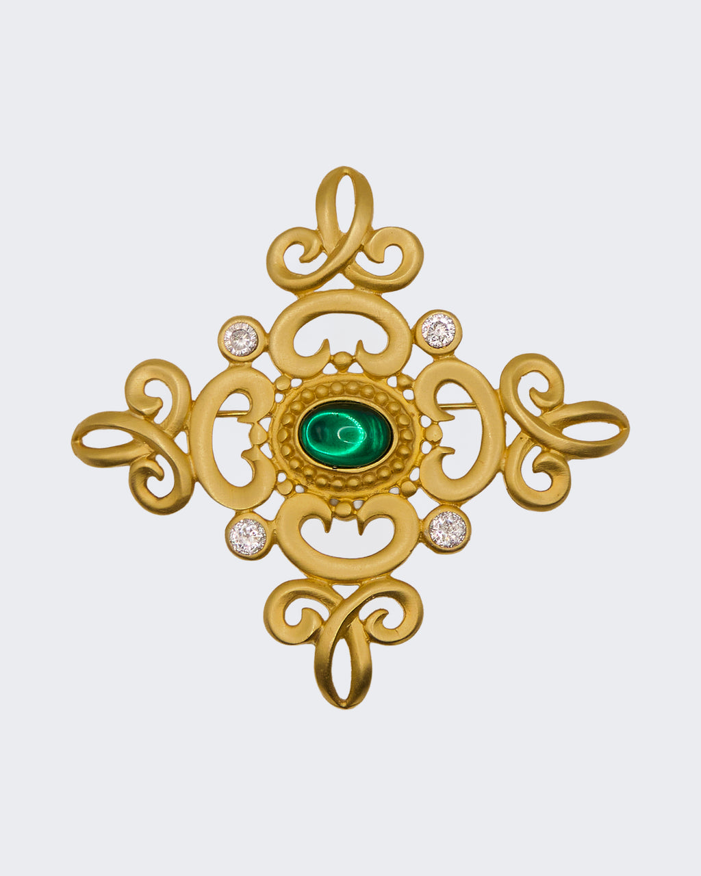 Spilla Vintage Rinascimentale con Malachite Verde e Cristalli Firmata ICosmati – Gioiello in Metallo Dorato