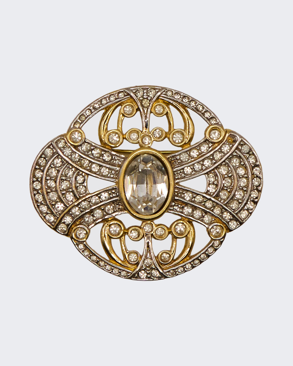 Spilla Vintage Art Déco/Vittoriana con Cristallo e Strass – Oro e Argento, 5,5 cm