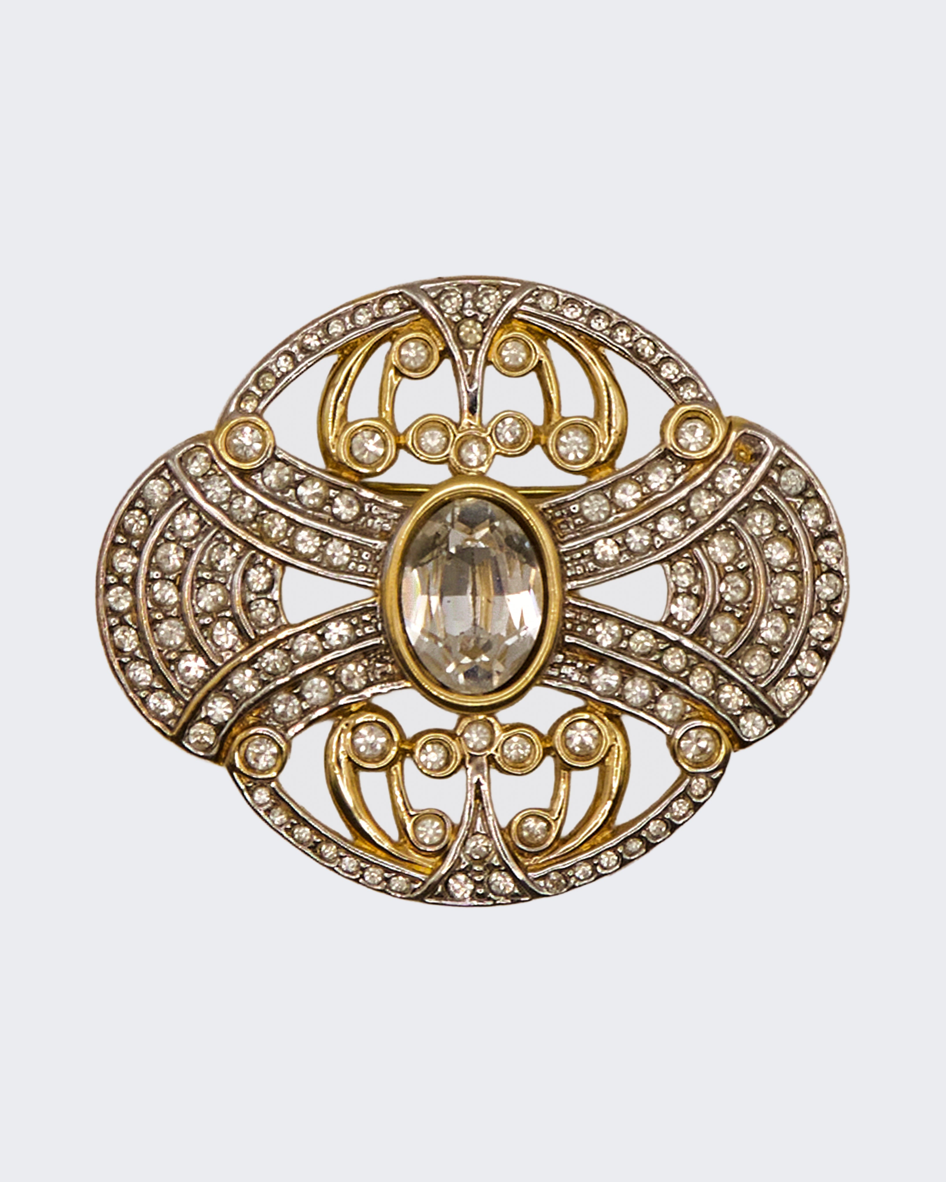 Spilla Vintage Art Déco/Vittoriana con Cristallo e Strass – Oro e Argento, 5,5 cm