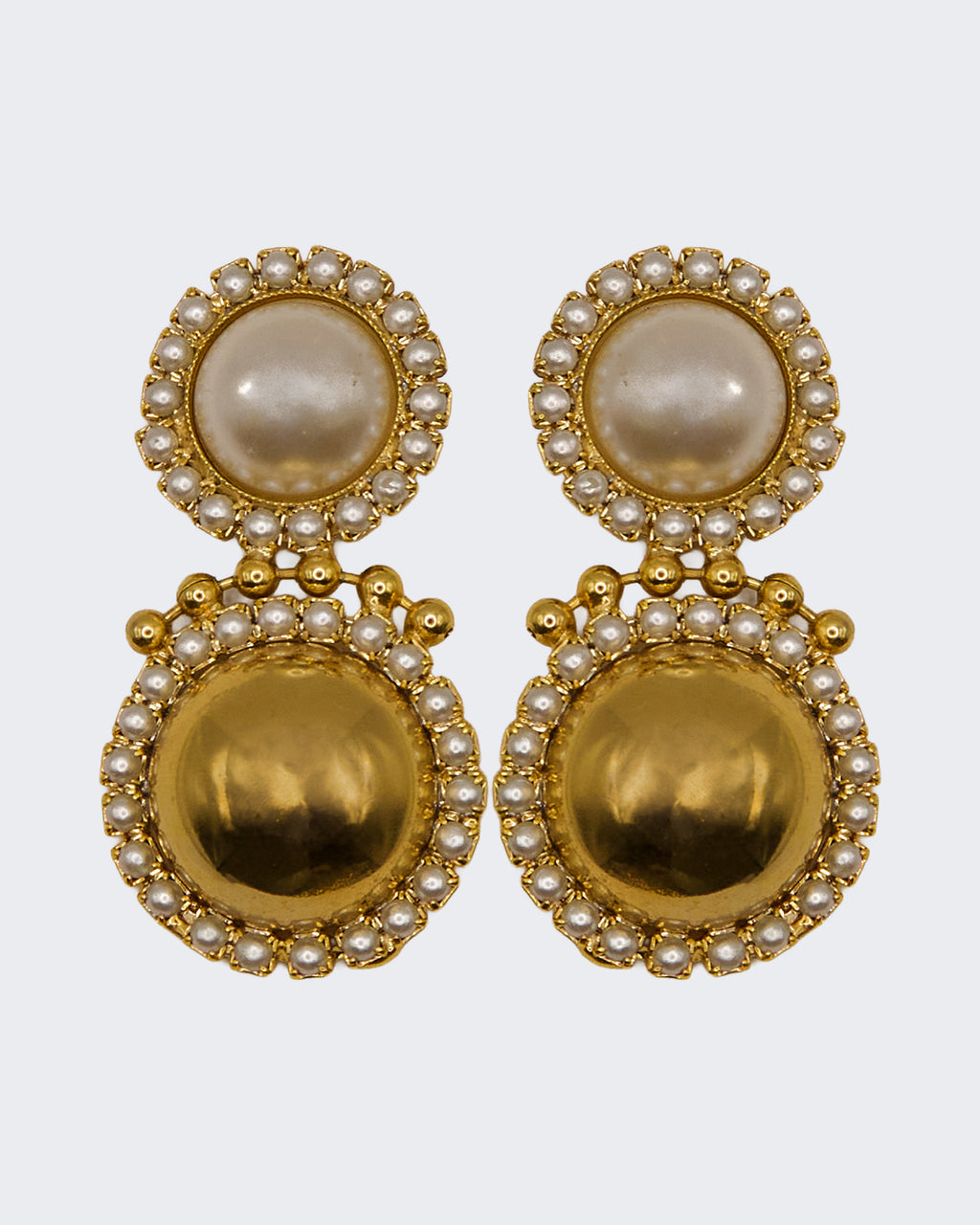 Orecchini Pendenti Vintage in Metallo Dorato con Perle Finte – Design a Due Livelli