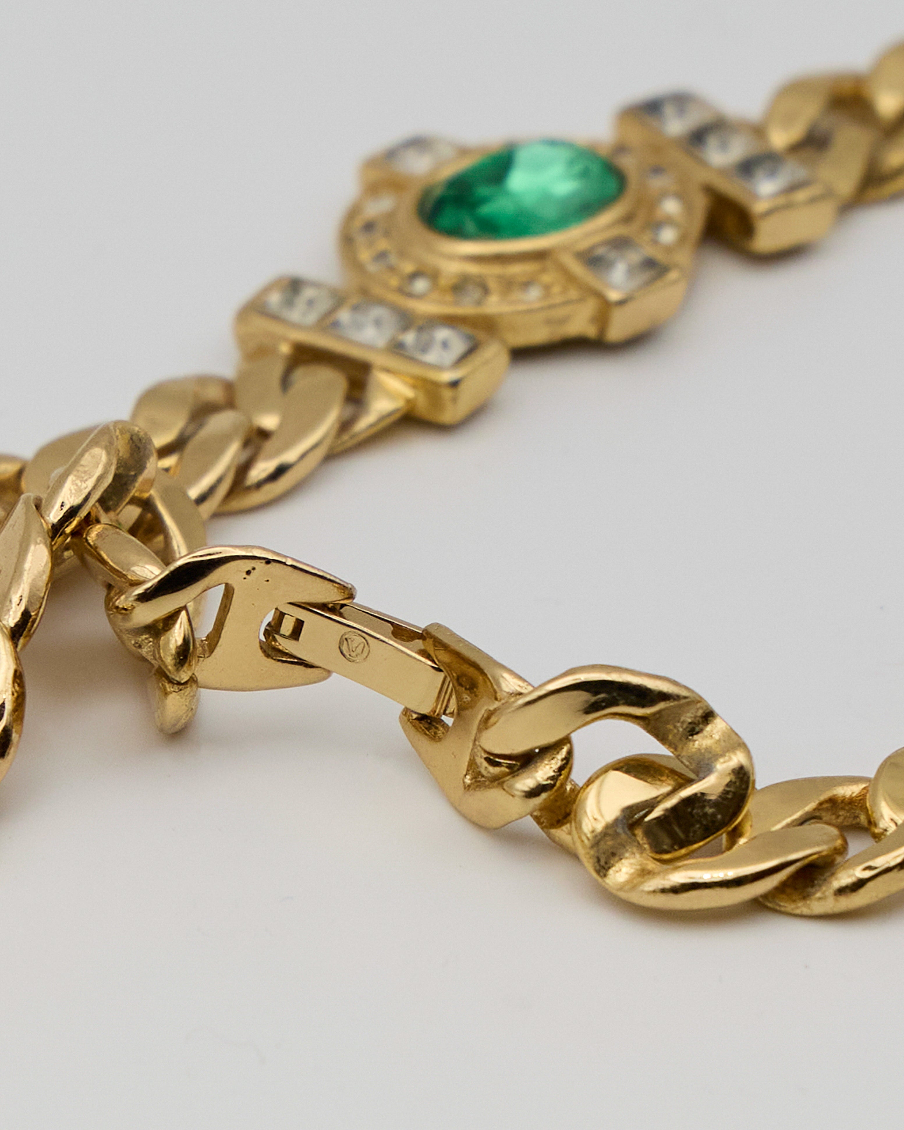 Collana vintage anni ’70 con smeraldo e diamanti, catena groumette spessa – Gioiello statement