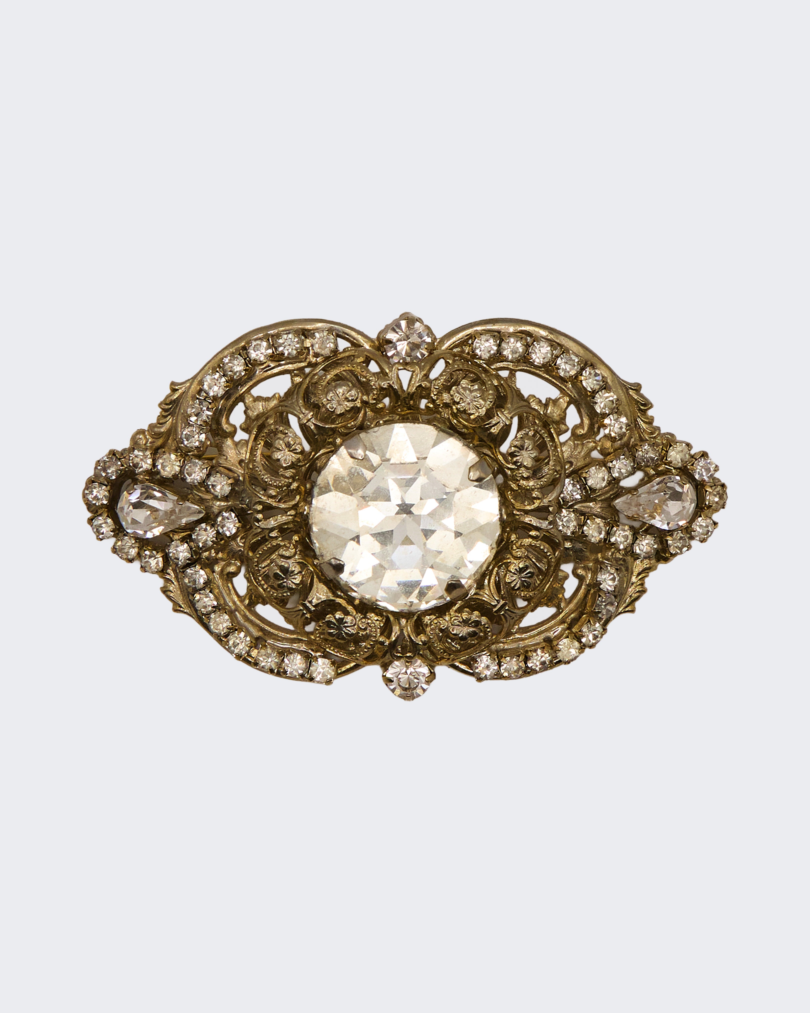 Spilla Antica in Filigrana con Cristalli – Metallo Placcato Oro, Stile Vittoriano/Belle Époque