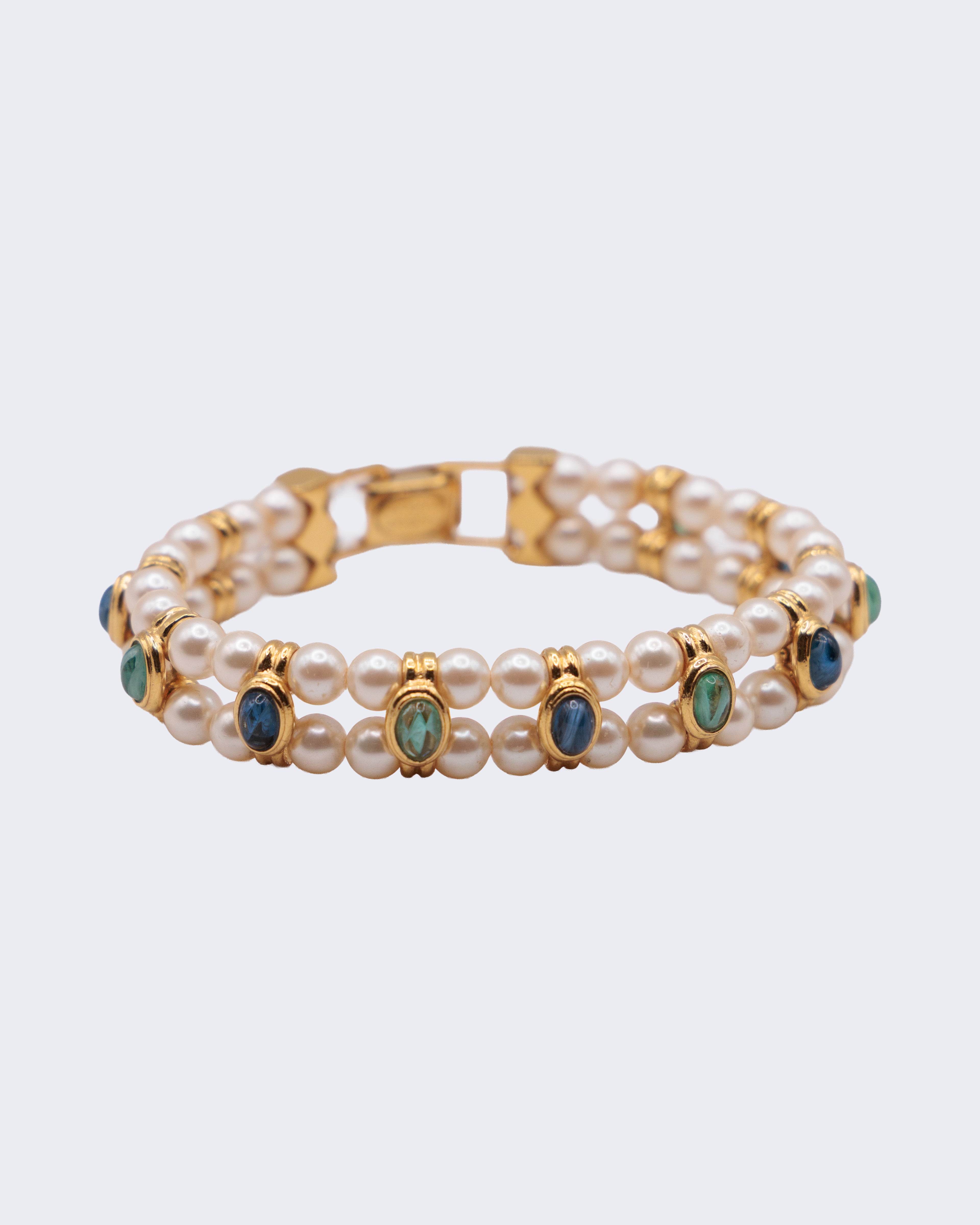 Bracciale vintage Bijoux Cascio perle e cabochon blu verdi dorato anni ’80