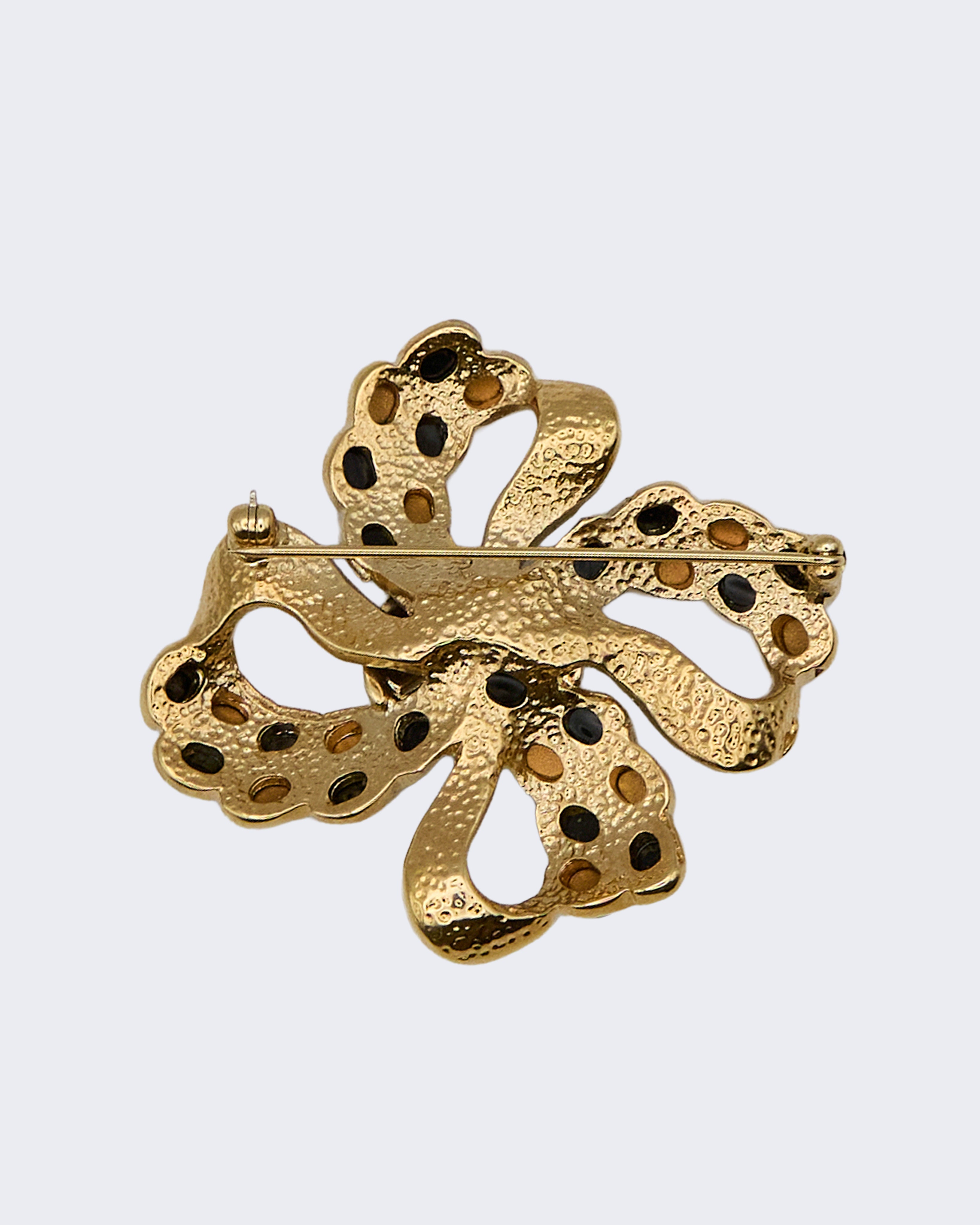Vintage Gold-Tone Brooch with Black Enamel and Rhinestones – Flower/Clover Style