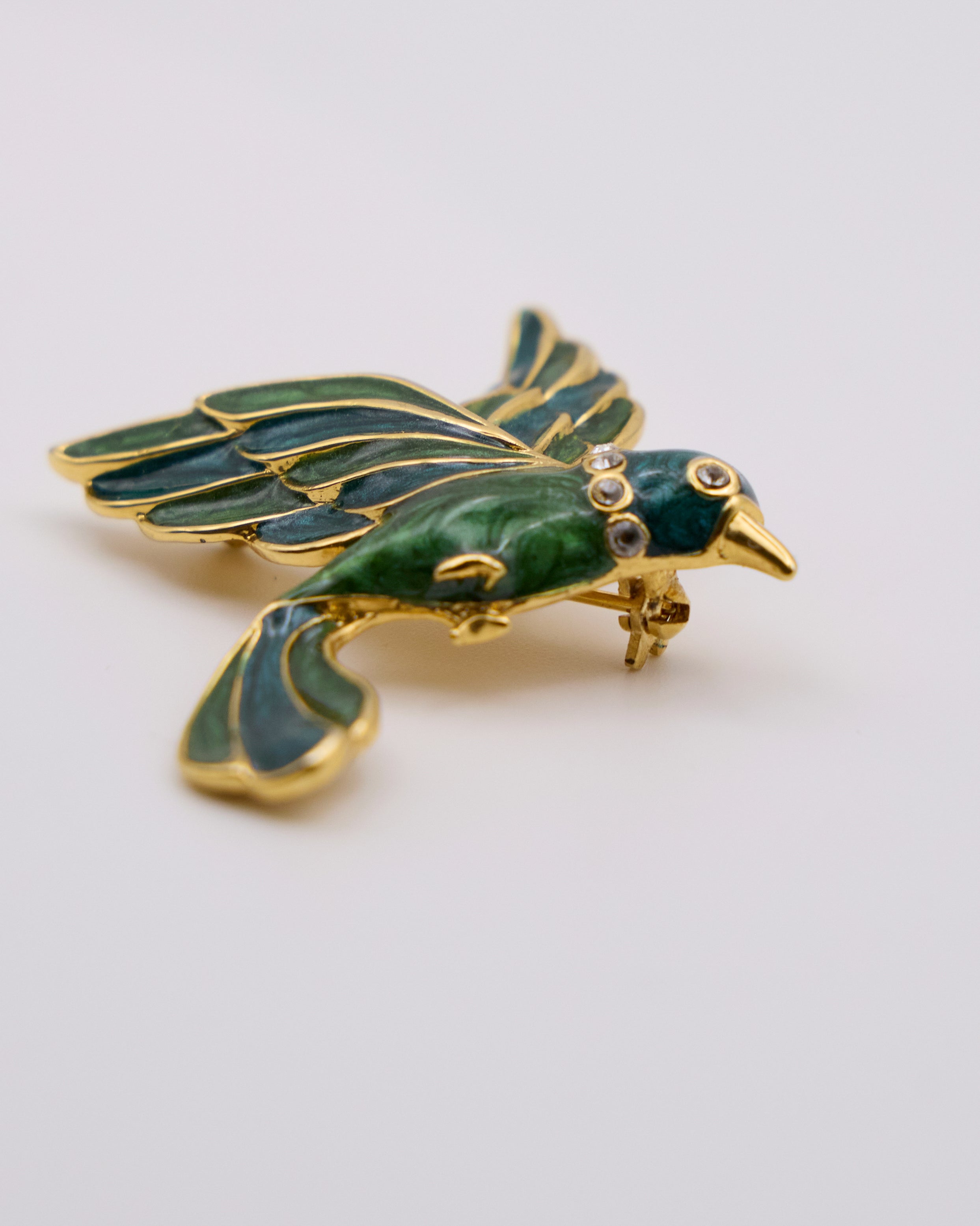 Spilla Vintage Uccello Verde Smaltato con Strass – Brooch Figurativa Anni ’80