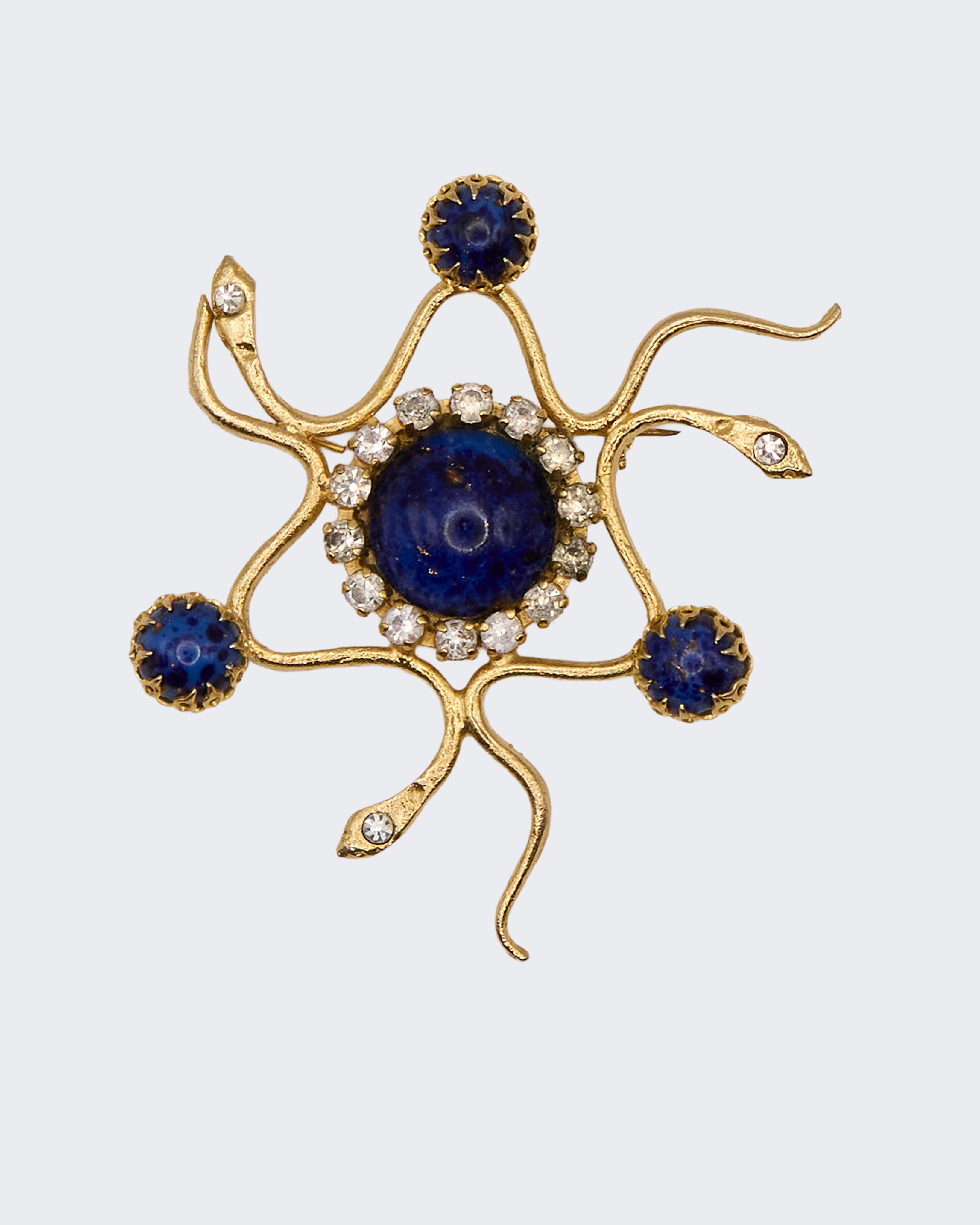 Vintage Gold Metal Snake Brooch with Lapis Lazuli and Rhinestones – Victorian Style
